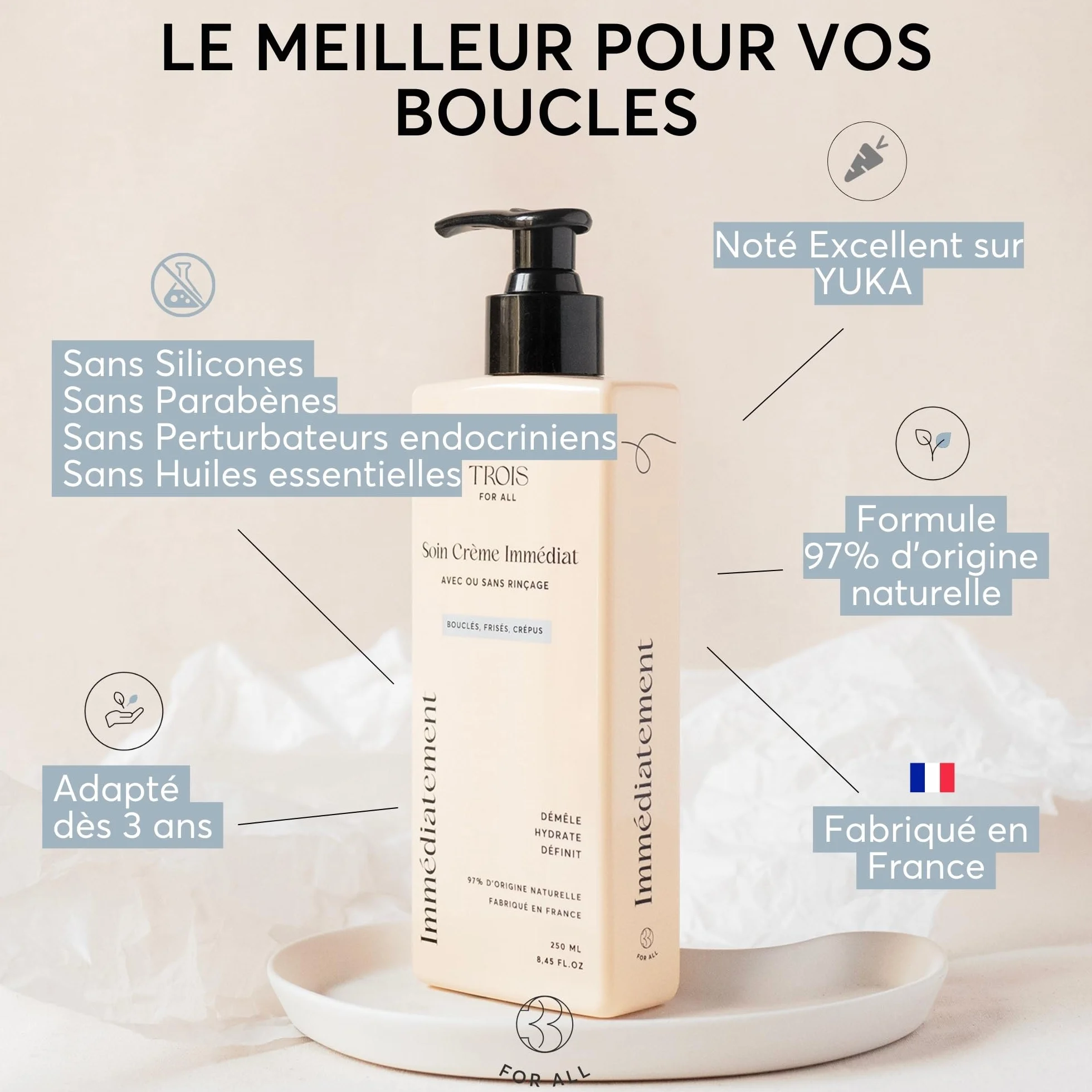 Trois For All Crème Cheveux Bouclés, Soin Crème Immédiat 250ml