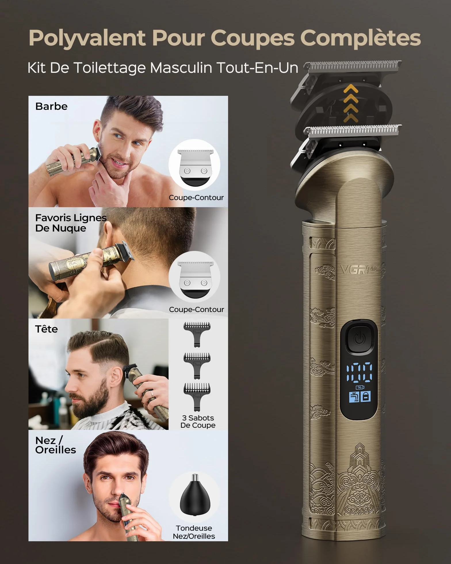 VGRPRO Tondeuse Cheveux Hommes Sans Fil Imperméable Rasoir Barbe 4 Vitesses LED
