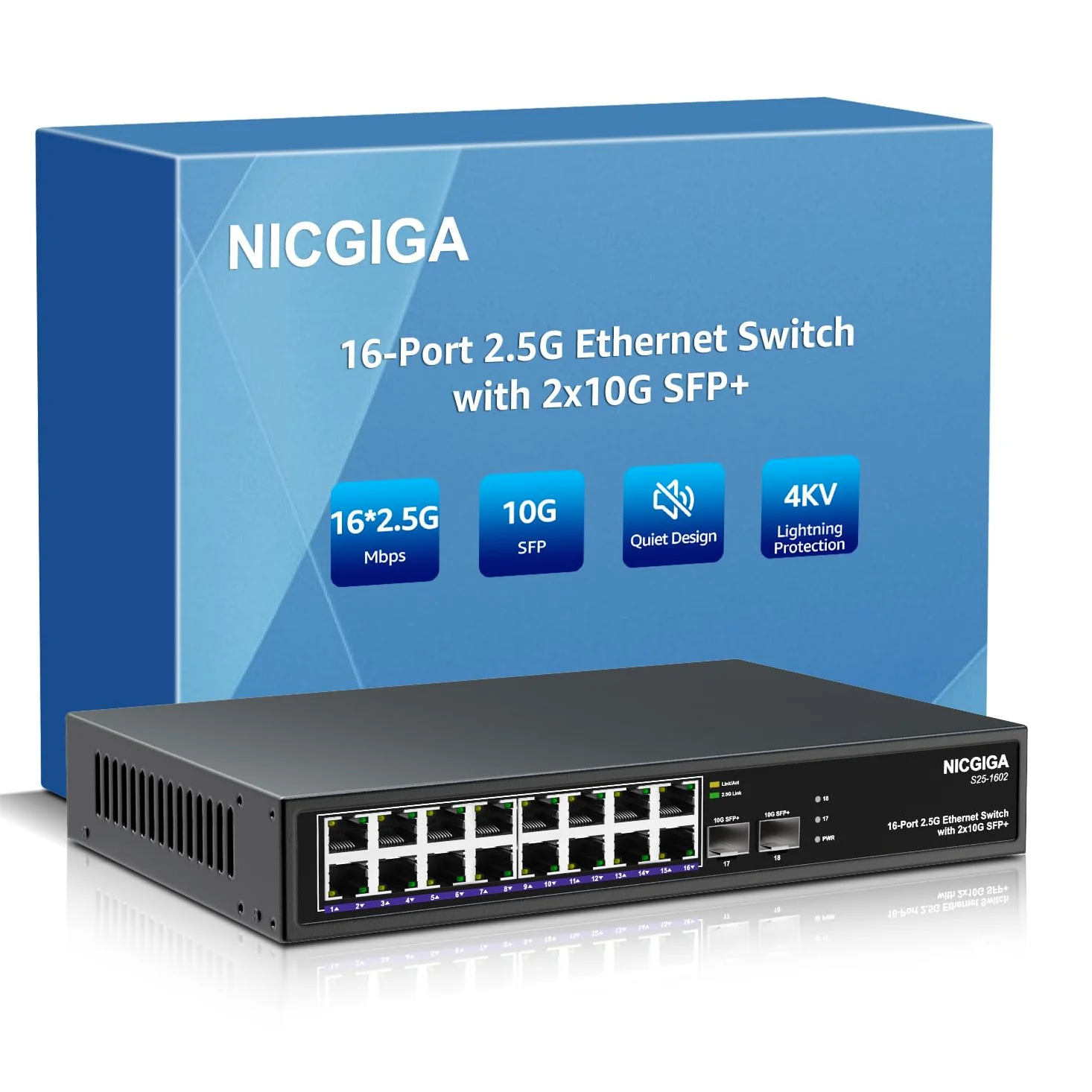 16 Port 2.5G + 2 Port 10G SFP+ Commutateur Ethernet, Commutateur Réseau NICGIGA 18 Ports 2.5Gb Non Géré, Plug & Play, Montage Bureau ou Rack 19 Pouces, Design Métallique sans Ventilation.