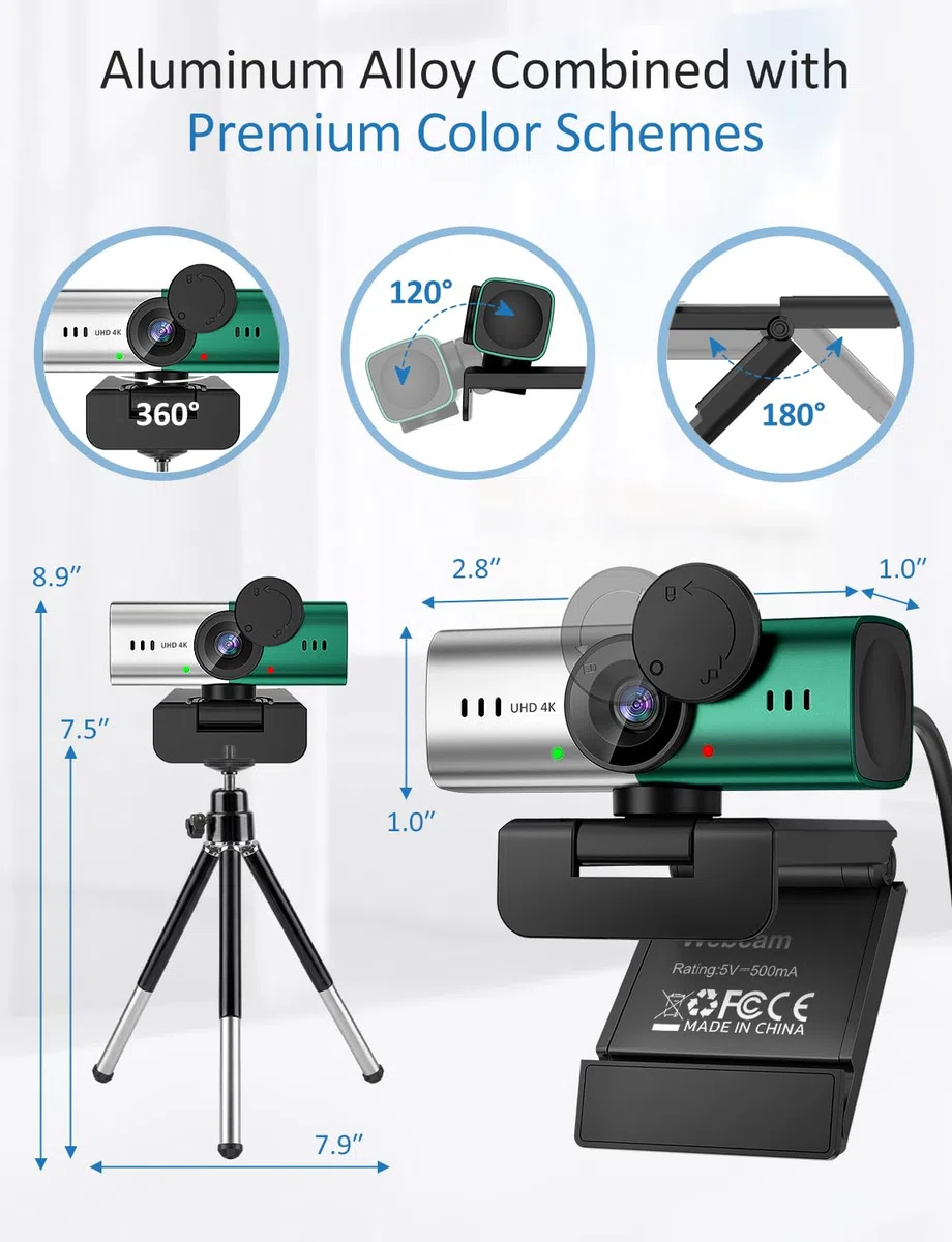 Webcam pour PC, caméra de streaming 4K, caméra Web pour ordinateur de bureau/ordinateur portable avec microphone, webcam USB Plug and Play, boîtier en alliage d'aluminium, pour diffusion en direct