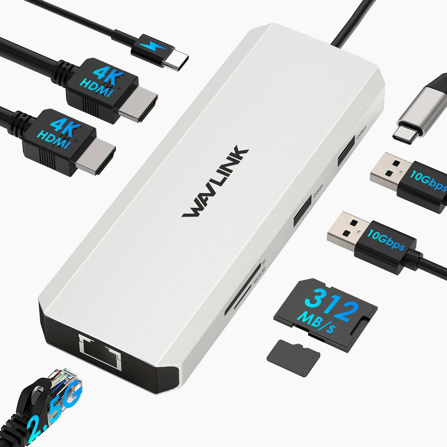 WAVLINK Station d'accueil double moniteur, double station d'accueil USB-C 4K @ 60Hz avec PD Pass-Through 125 W, Ethernet 2,5 G, 2 × USB-A 10 Gbps, lecteur de carte SD/Micro SD 312 Mo/s
