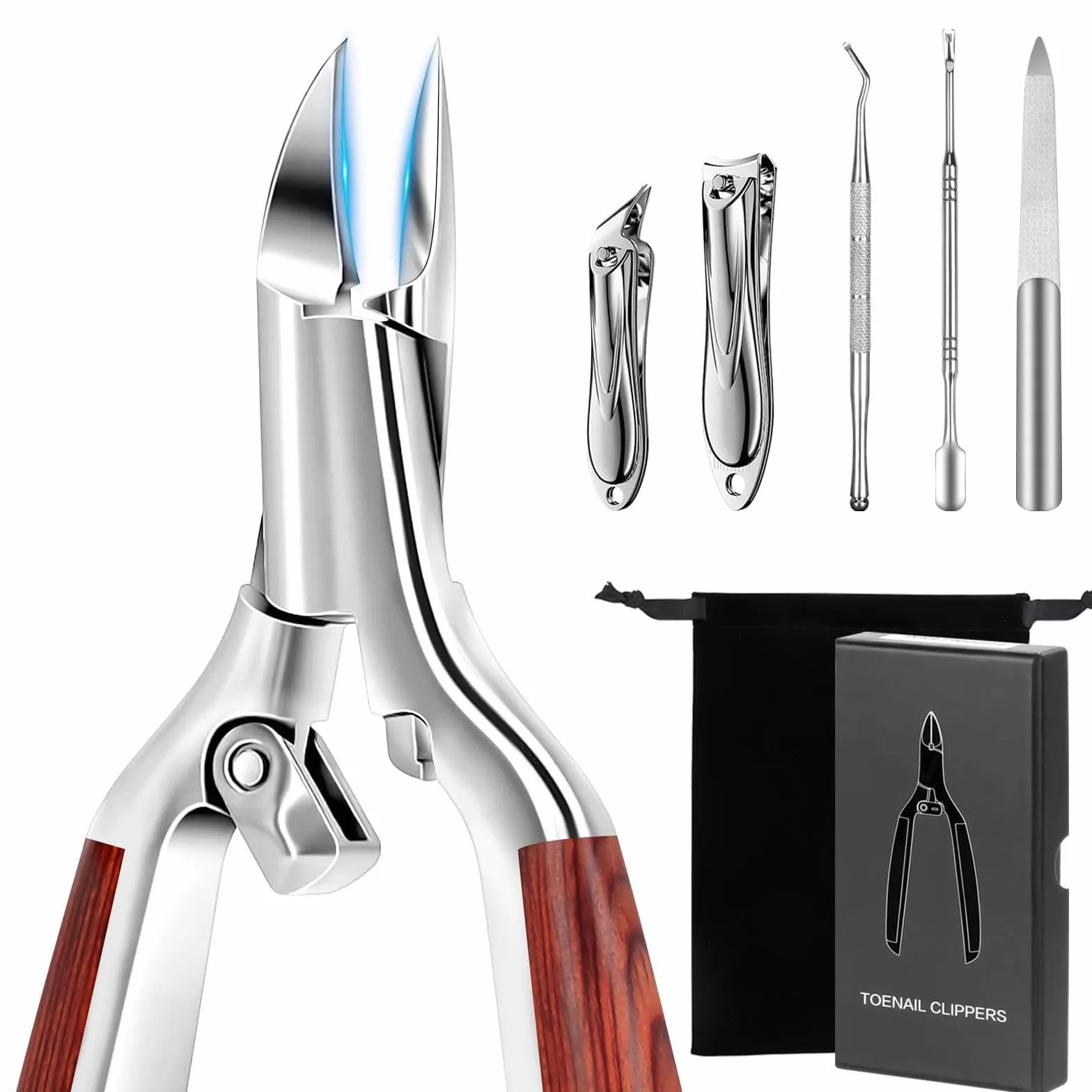 Coupe Ongle Set Professionnel 6PCS Kit Pedicure Pied avec Manche en Bois Antidérapant Verrou Sécurité