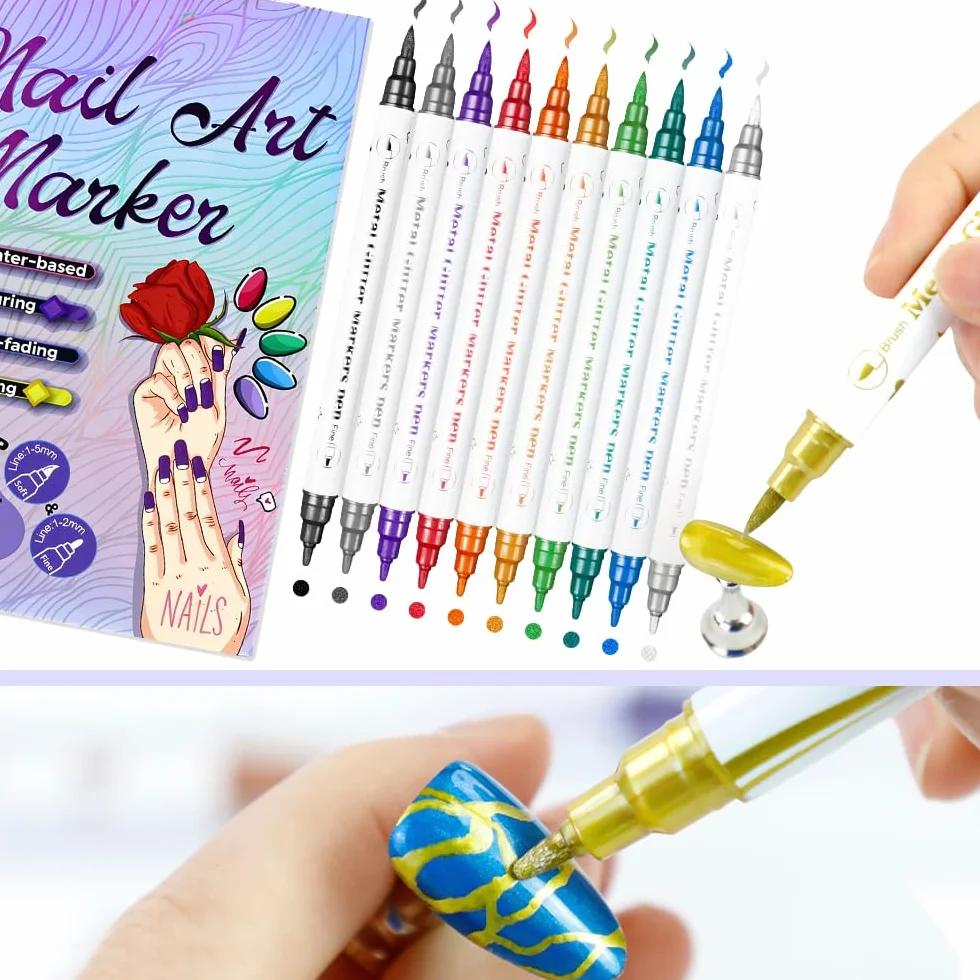 Kit 10 Stylos Vernis à Ongles Double Embout Pinceau Pointe Fine 3D Séchage Rapide Manucure