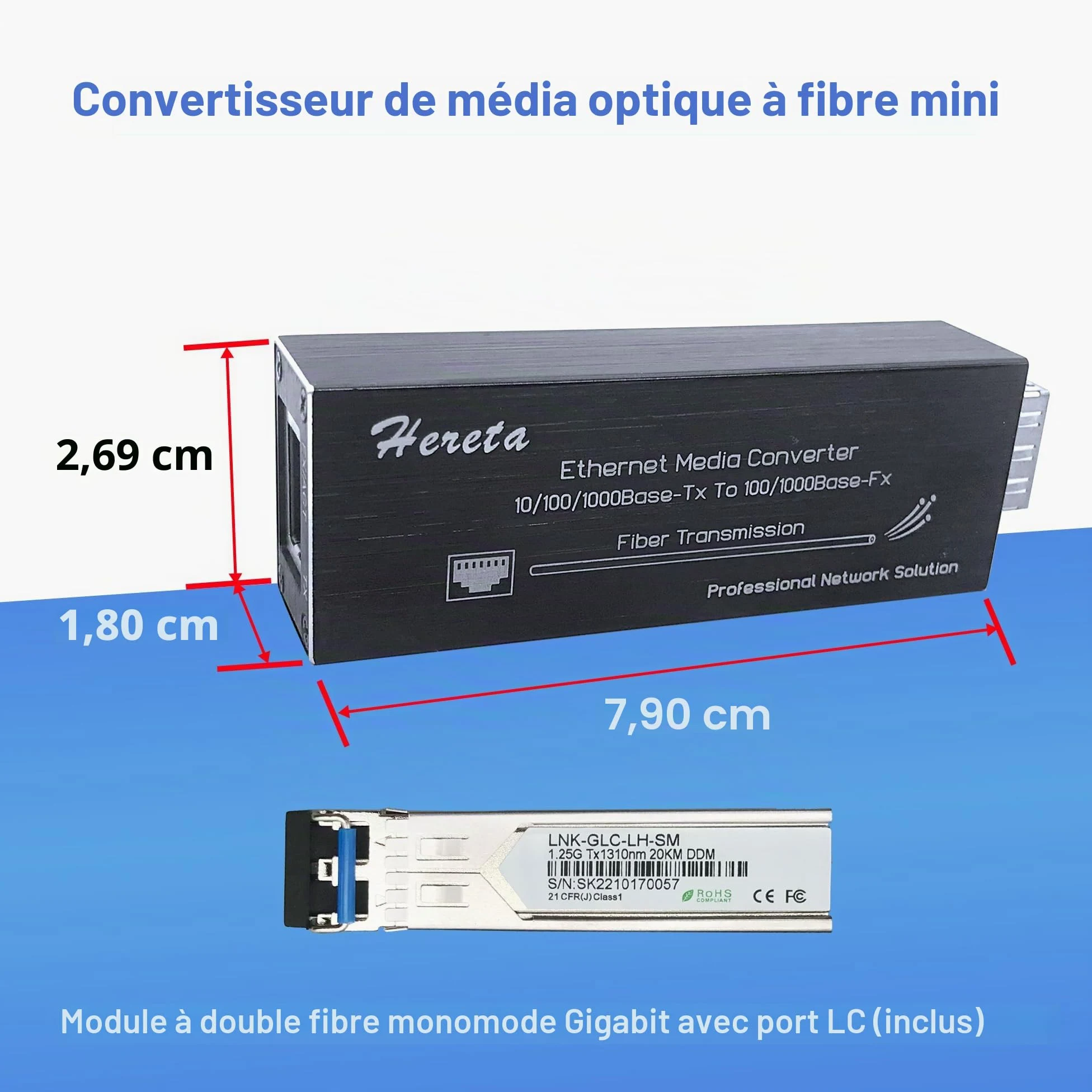 Convertisseur de média Gigabit Ethernet, Convertisseur de média à Fibre Optique avec 1,25G Monomode LC Double Fibre SFP Module, 10/100/1000M RJ45 à 1000Base-SX SFP, 1310nm, 20km