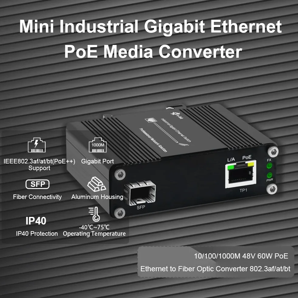 E-link 2 ports PoE++ Gigabit Ethernet industriel (10/100/1000BASE-T port RJ45 + 100Base-FX ou 1000Base-X SFP), IEEE802.3af/at/bt, 60 W, 12-48 V DC d'alimentation