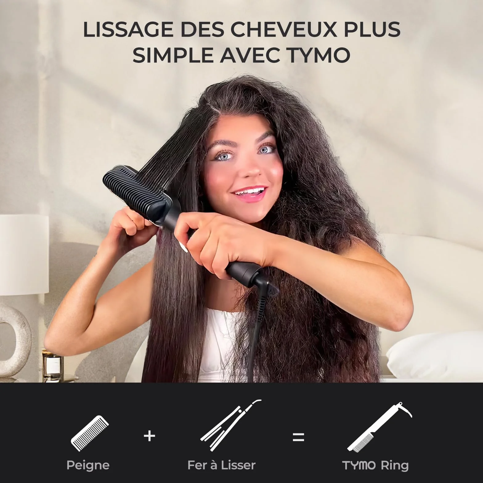 TYMO Brosse Lissante Cheveux Fer à Lisser Peigne Chauffant 25s PTC Chauffage 5 Réglages Température Lisseur Cheveux Céramique Anti-Brûlure Brosse Chauffante RING