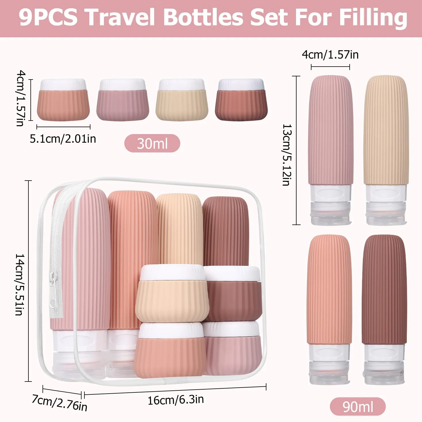 Kit Flacon Voyage Réutilisable 30/90ml Silicone Étanche Trousse de Toilette Avion