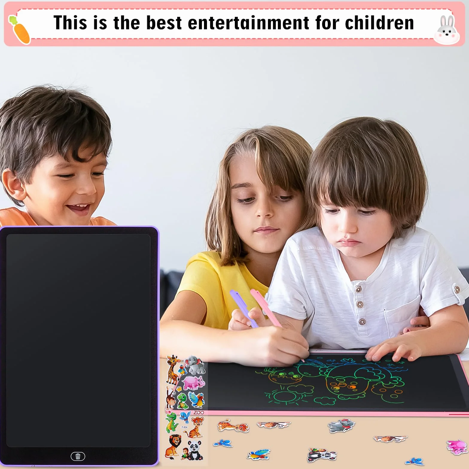 Tablette D'écriture LCD 16 Pouces avec Écran Coloré Effaçable, Rose + Violet