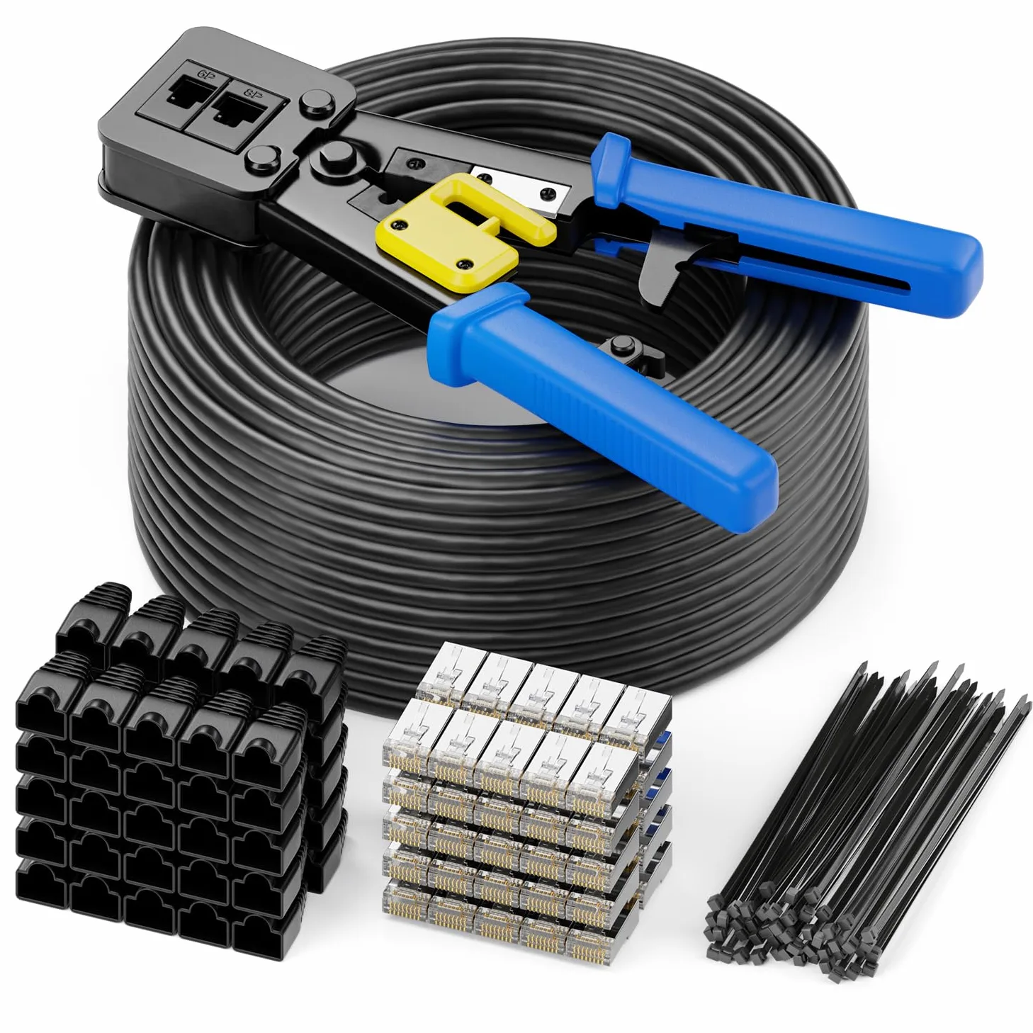 deleyCON 100m Câble D'installation CAT7 Kit D'installation Incl. Pince à Sertir Attaches de Câble & 50 Connecteurs RJ45 - S/FTP 600MHz 10 Gbit/s AWG26 Cuivre BC - Résistant Aux Intempéries - Noir