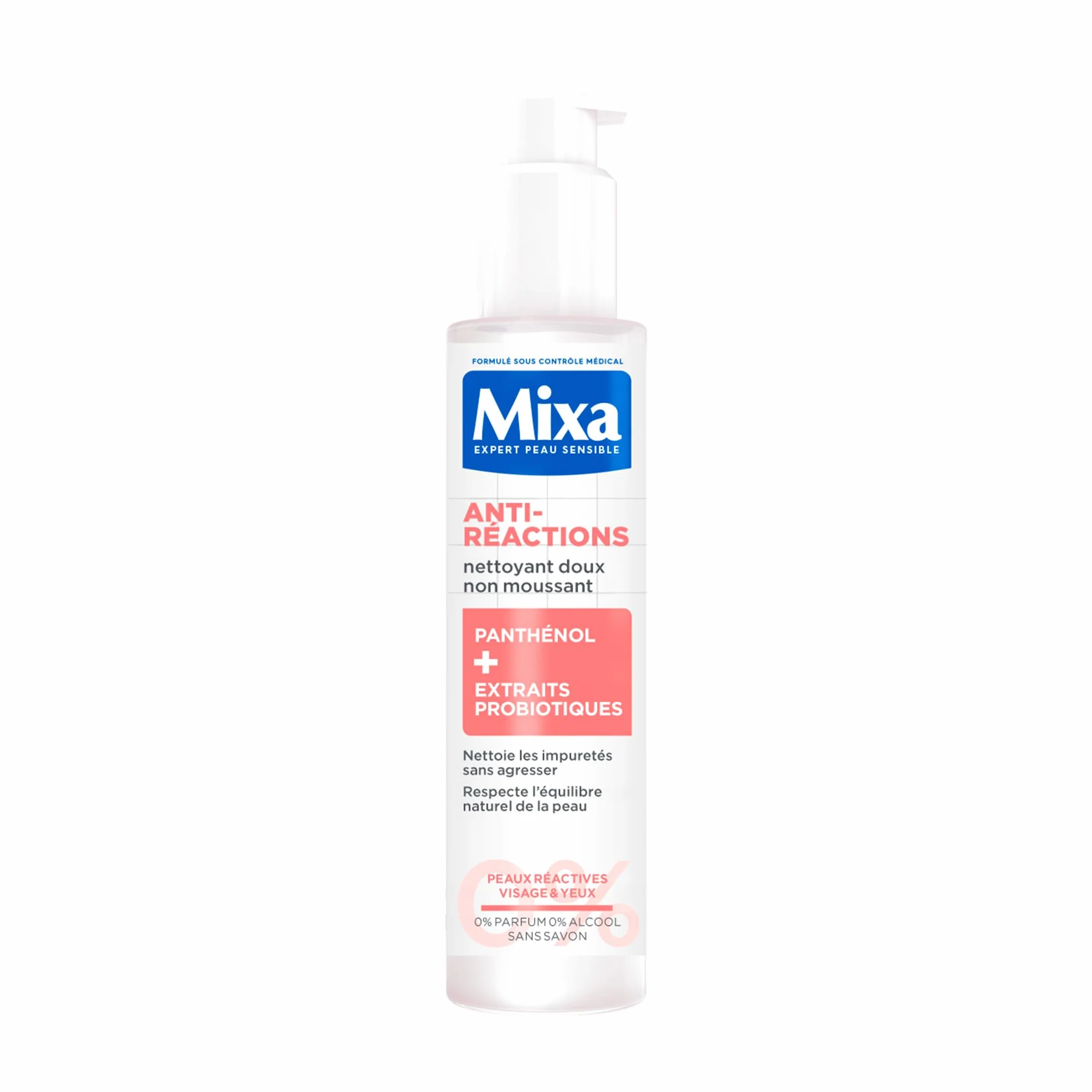 MIXA Nettoyant Visage Anti-Réactions 150 ml Panthénol Extraits Probiotiques Sans Parfum Sans Savon