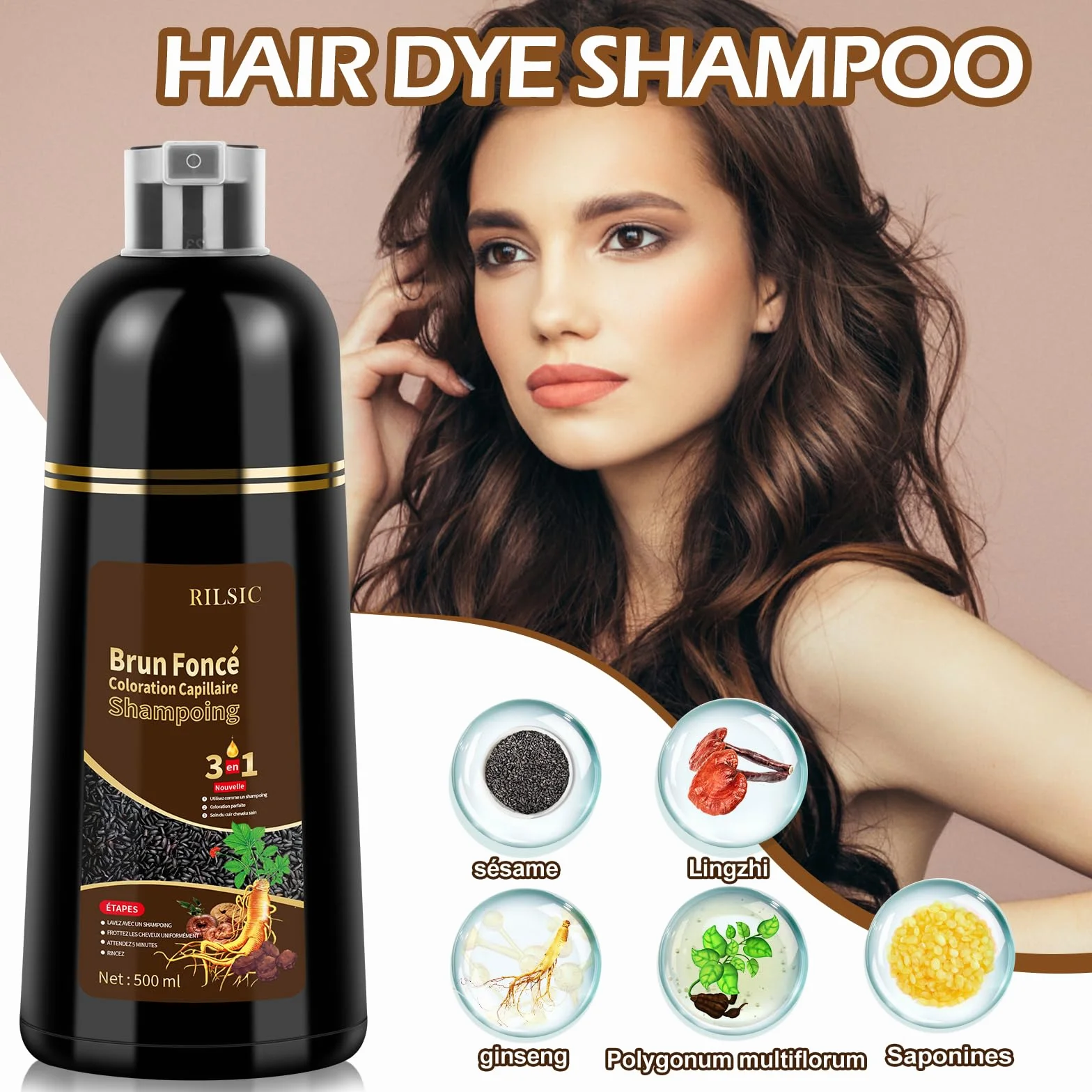 Shampoing Colorant Brun Foncé 3 en 1 pour Cheveux Blancs 500ml