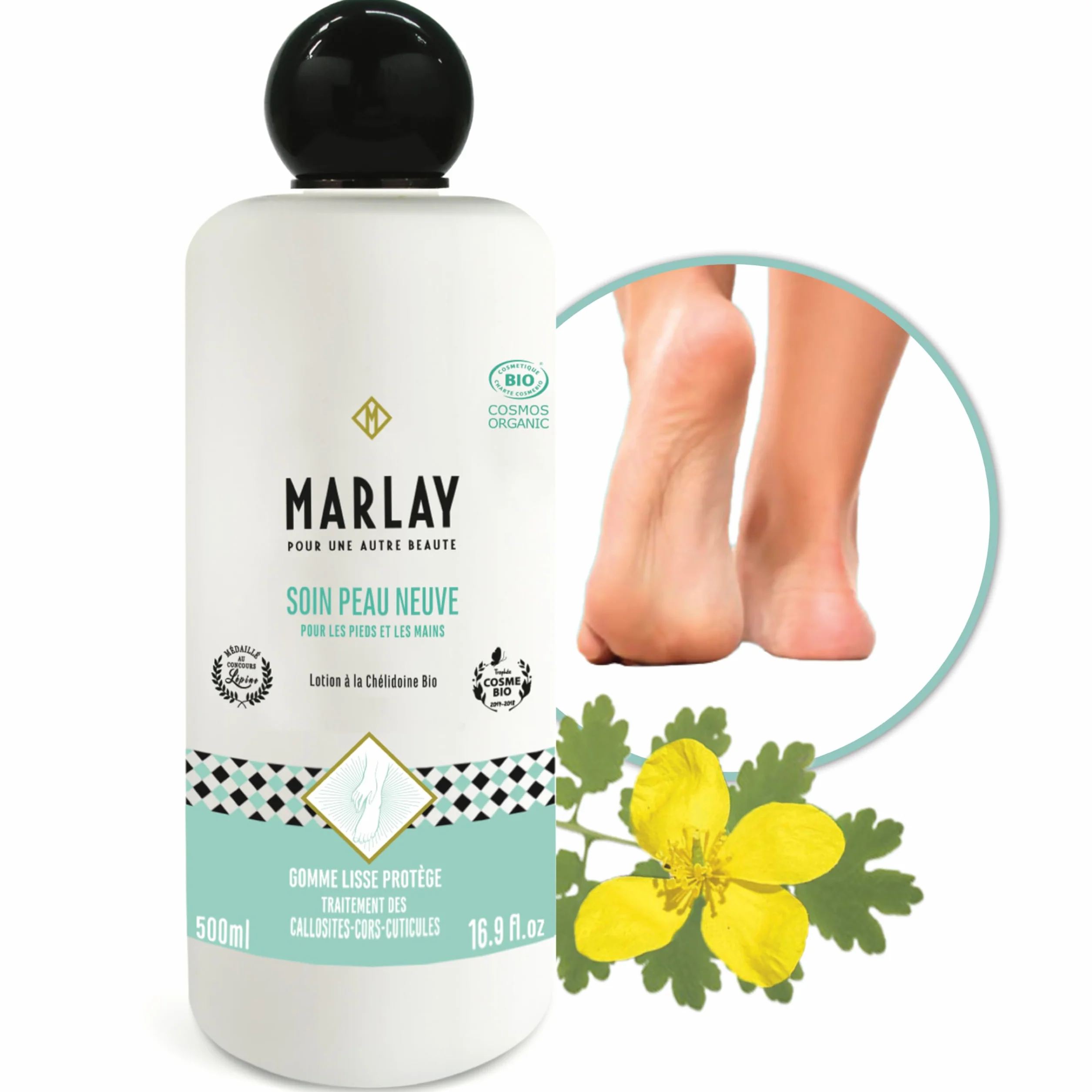 Marlay Cosmetics Soin Peau Neuve 500 ml Lotion Pieds Secs et Abimés à la Chélidoine Bio 99% Origine Naturelle