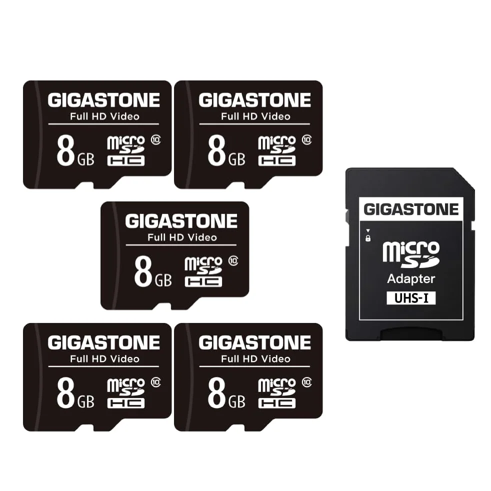 Gigastone Carte Mémoire 8 Go Lot de 5 Cartes, Haute Vitesse de Lecture allant jusqu'à 80 Mo/s. idéal pour Portable Full HD Vidéo, U1 C10 Carte Micro SDHC UHS-I avec 2 Mini étuis et 1 Adaptateur SD.