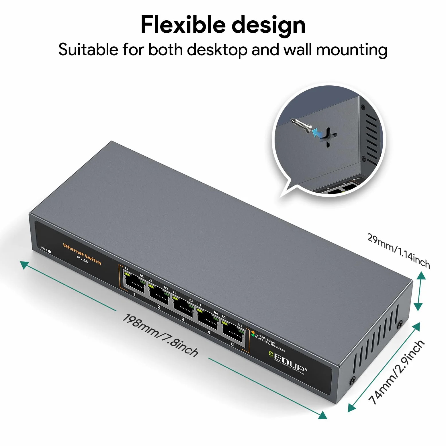Commutateur Ethernet 2,5 Gigabit, 5 ports, commutateur Ethernet multi-gigabit, non géré, sans ventilateur, Plug & Play, répartiteur réseau fiable, idéal pour les jeux, NAS, PC, silencieux, bureau