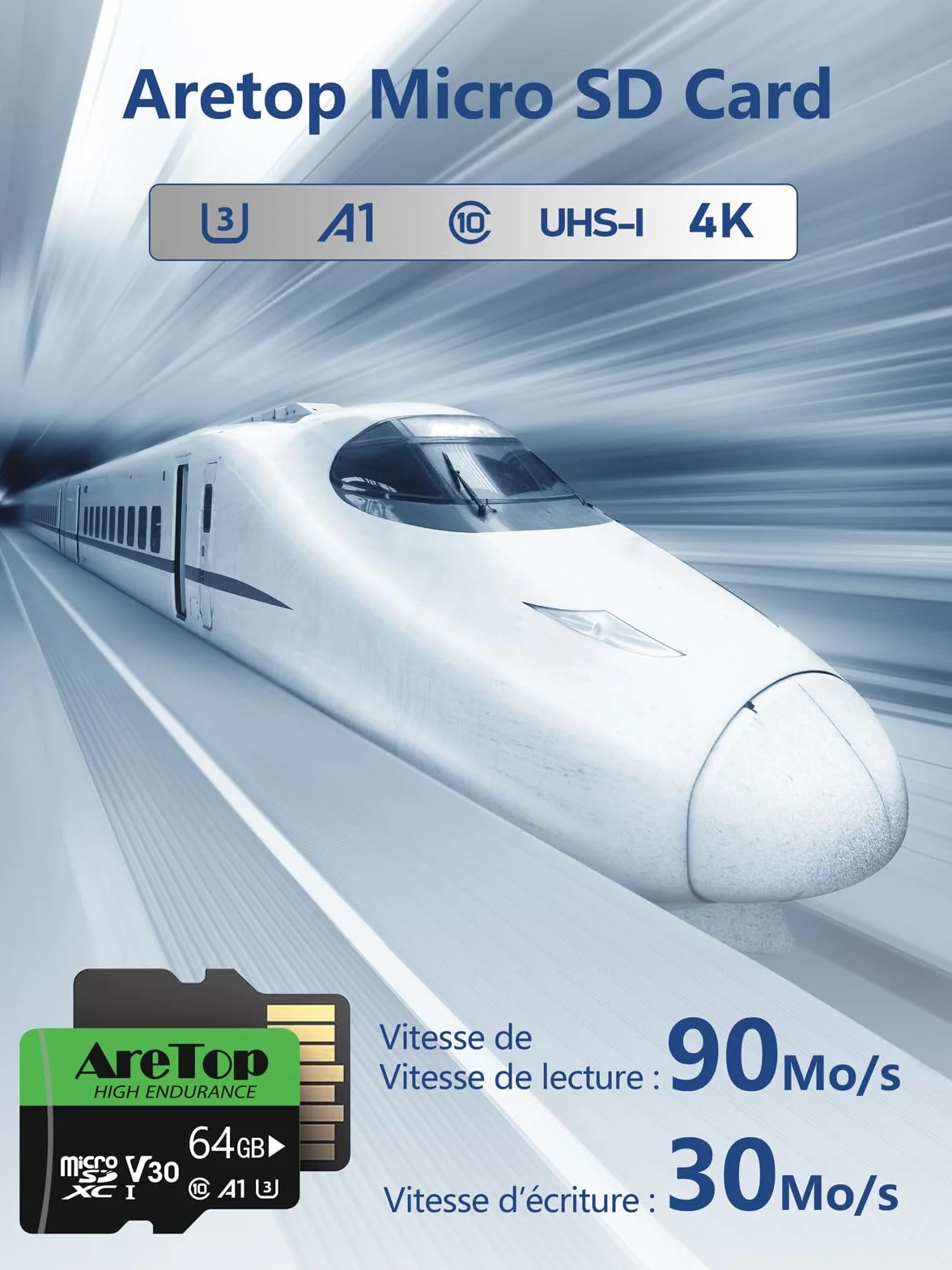 AreTop Carte Micro SD 64Go SDXC U3 V30 C10 A1 UHS-I Carte Mémoire avec Adaptateur
