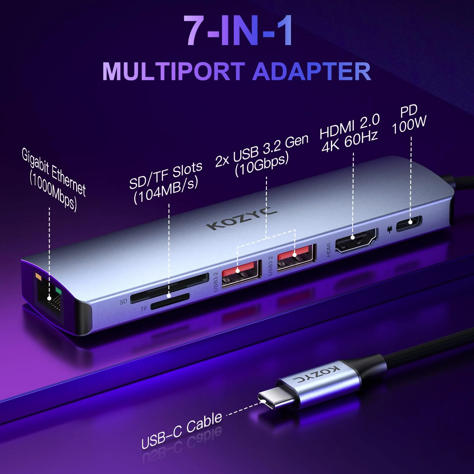 USB C Hub Ethernet Multiport Adapter, KOZYC 7-in-1 USB C Hub avec HDMI 4K@60Hz, 1Gbps Ethernet, 100W PD, 2 USB 3.2 10Gbps, SD/TF Card Slots Port, pour MacBook Air/Pro, XPS13/15, Dell
