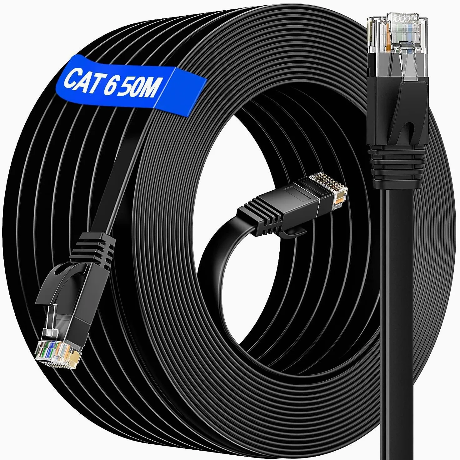 Câble réseau 50 m extérieur et intérieur, câble LAN 50 m Cat 6 Gigabit RJ45 50 m Câble Ethernet plat – 10 100 1000 Mbit s – Câble patch 50 m noir Cat 6 Câble WiFi pour routeur, commutateur, modem