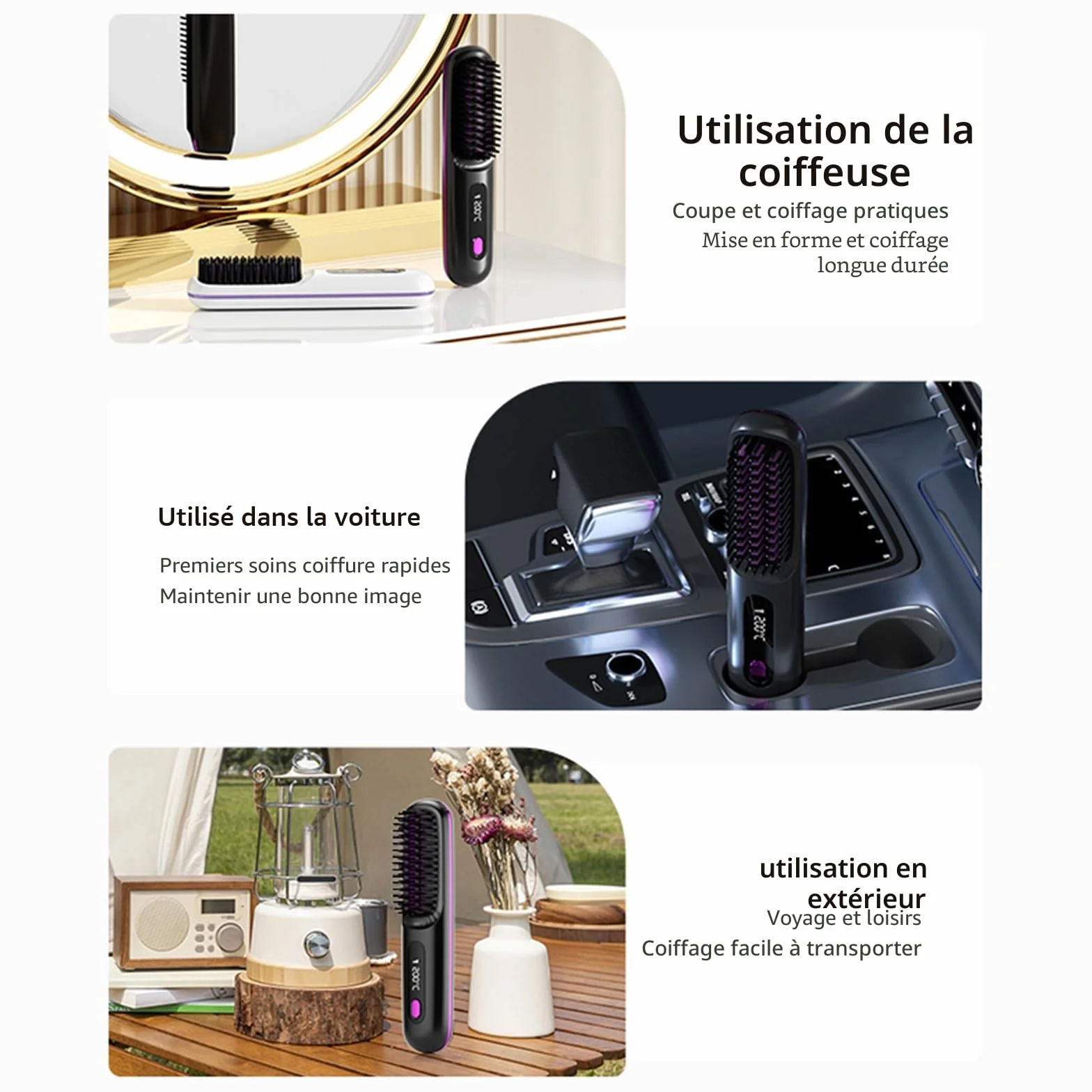 Go Brush Pro Brosse À Cheveux Lisse Sans Fil Rechargeable Portable Affichage LED Chauffage Rapide Noir