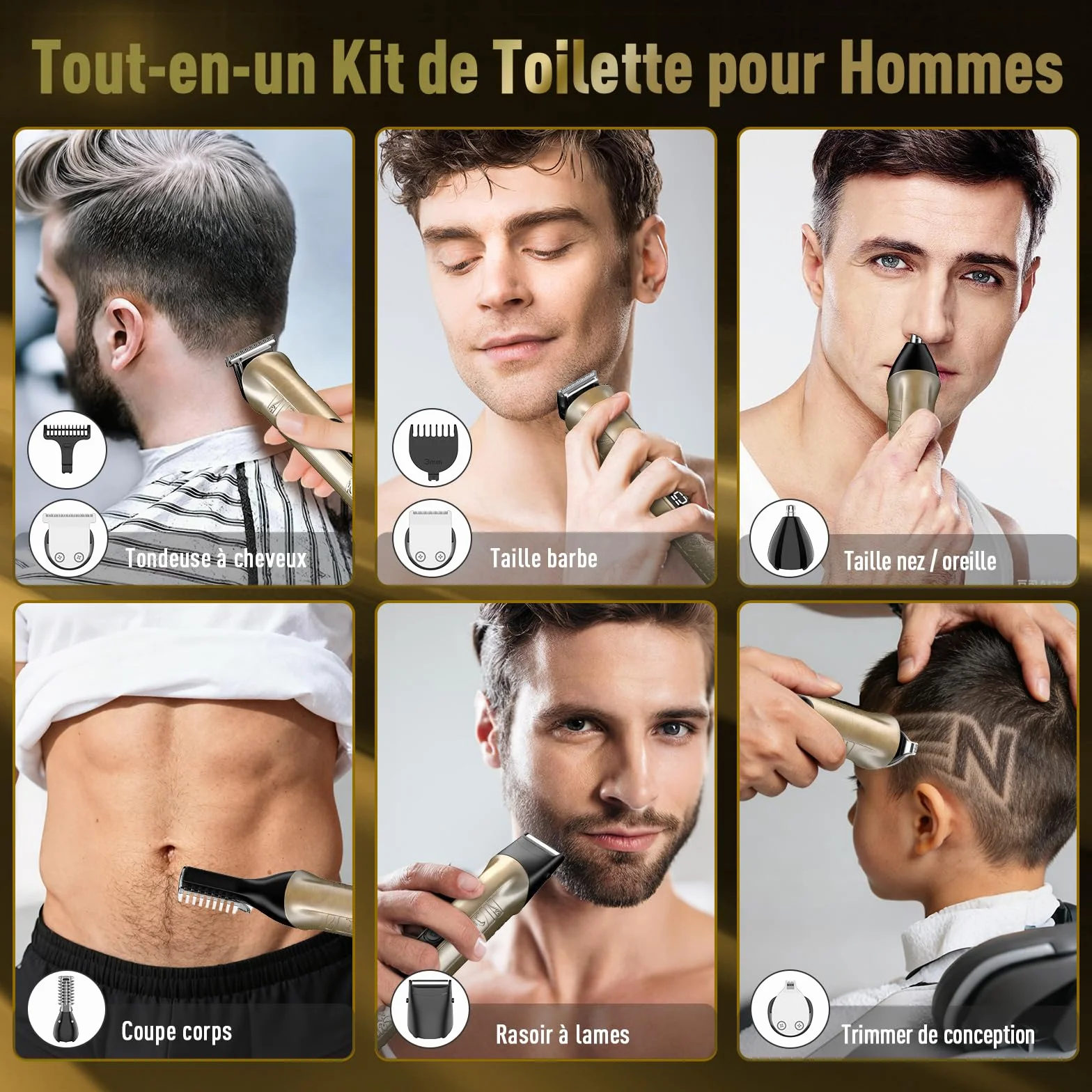 Tondeuse Cheveux Hommes Kit Professionnel 17-en-1 avec Tondeuse Barbe Écran LCD Rechargeable USB-C