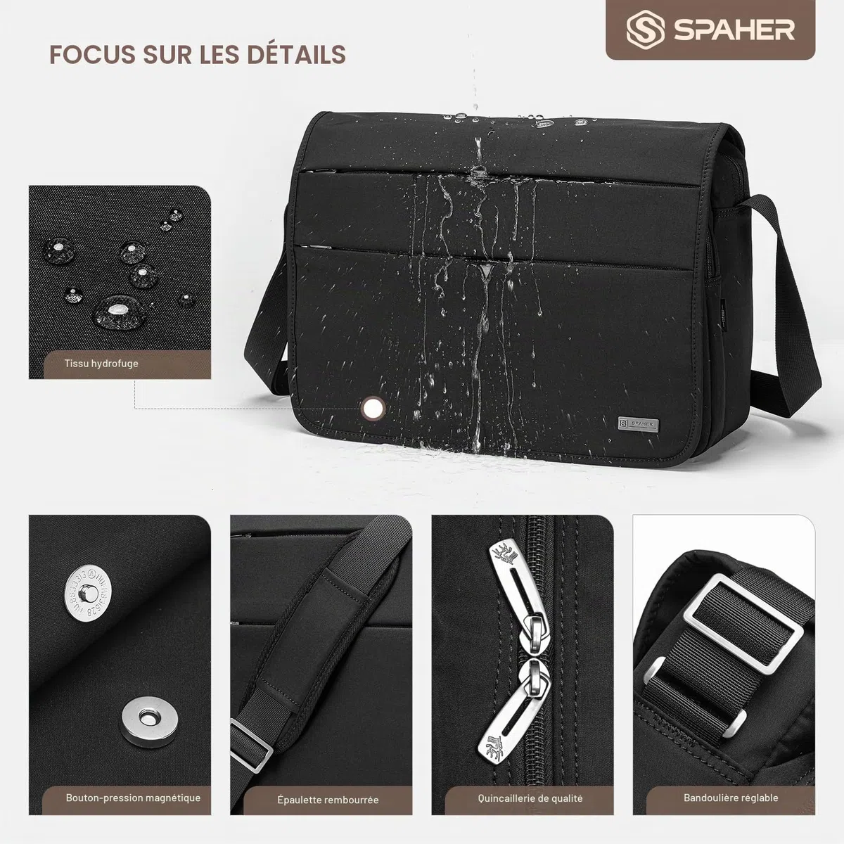 SPAHER Grand 14 Pouces Porte-Documents pour Ordinateur Portable Sac à Bandoulière pour Hommes Travail Messager Bureau d'affaires Sac à Bandoulière étanche Cadeau de Voyage pour Ordinateur Portable