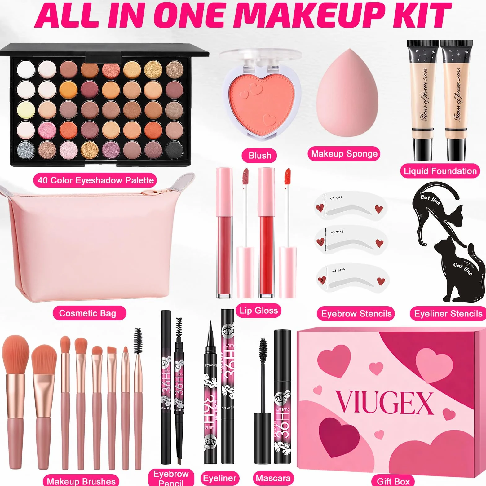Coffret Maquillage Femme Kit Complet Fond de Teint Fard à Paupières Blush Mascara Eyeliner