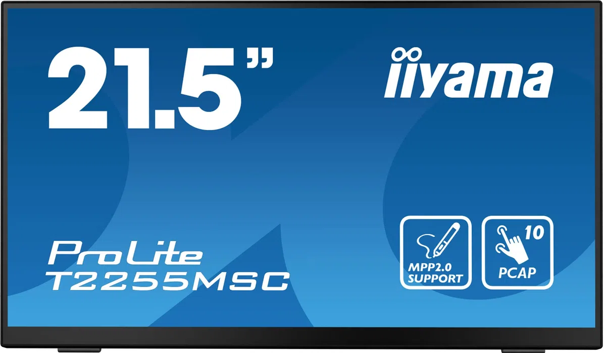 iiyama Ecran 21.5 Noir avec Verre Bord à Bord Tactile PCAP 10 Points FHD IPS 1920x1080 5ms 360cd/m² HDMI Displayport USB HUB HPs 2x3W / T2255MSC-B1