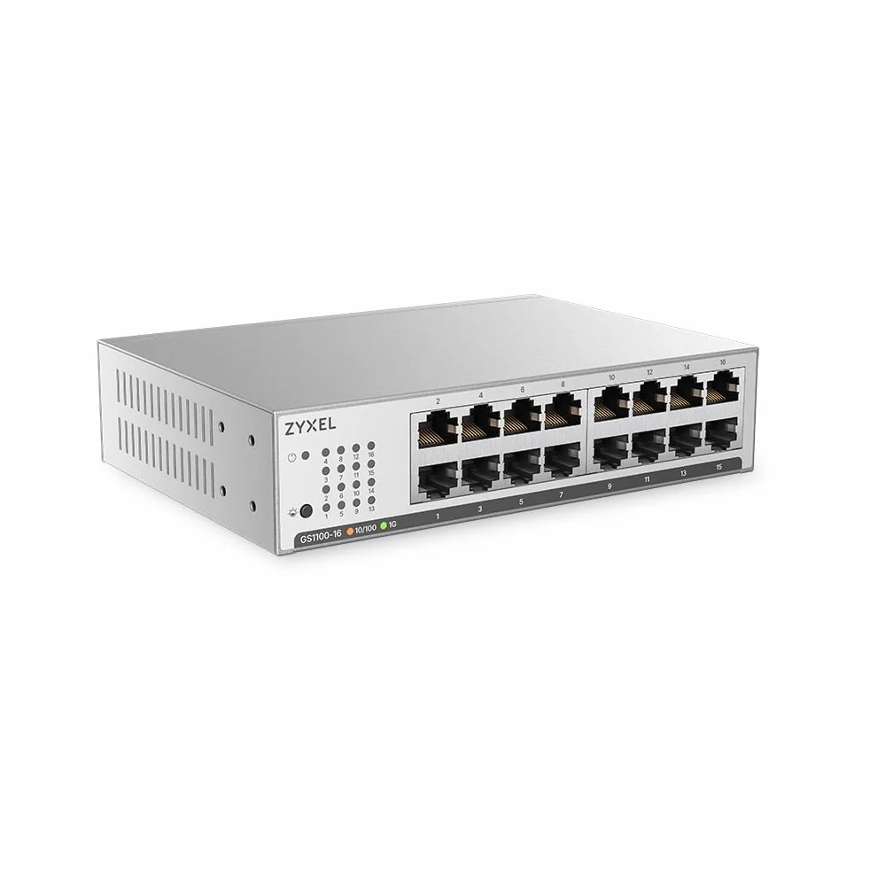 Zyxel Switch réseau 16 Ports | Switch Gigabit Unmanaged Plus | 16x GbE Ports | VLAN | Prévention de la Boucle | Montage sur Bureau, Mural ou Rack | GS1100-16 | 16x Ports GbE, Sans Ventilateur, Kit Mural Inclus, Support Auto MDI/MDI-X, VLAN, Prévention de