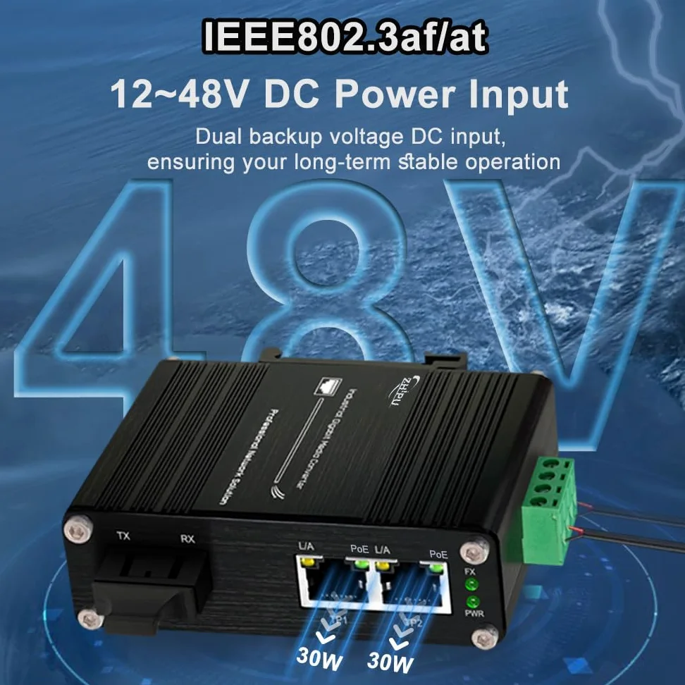 Convertisseur de média industriel 1,25 G Gigabit SC vers Ethernet prenant en charge le rail DIN, commutateur de fibre IEEE 802.3af/at 30 W PoE avec 2 ports RJ45 et 1 port SC monomode, jusqu'à 20 km,