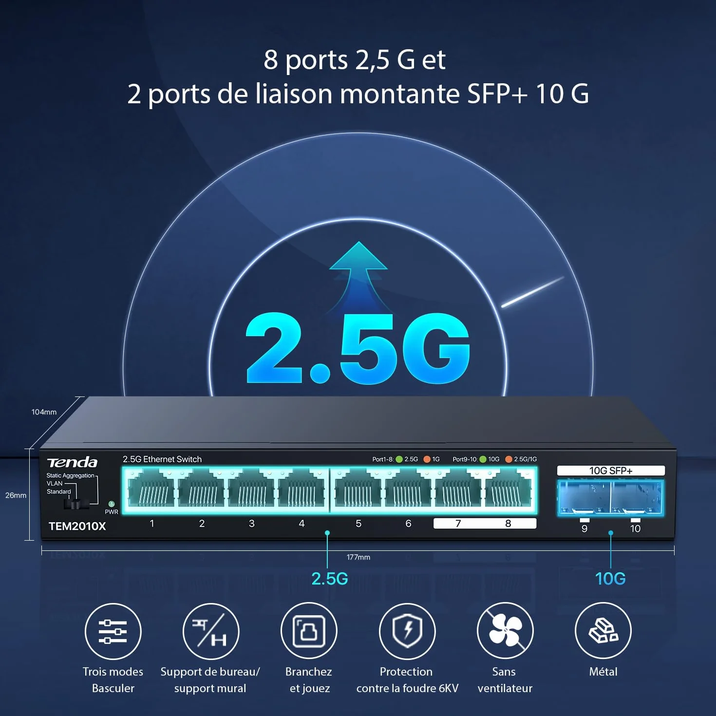 Tenda Switch Ethernet 2.5 Gigabit 8 Ports RJ45 2.5G 2 Ports SFP+ 10G Métal TEM2010X