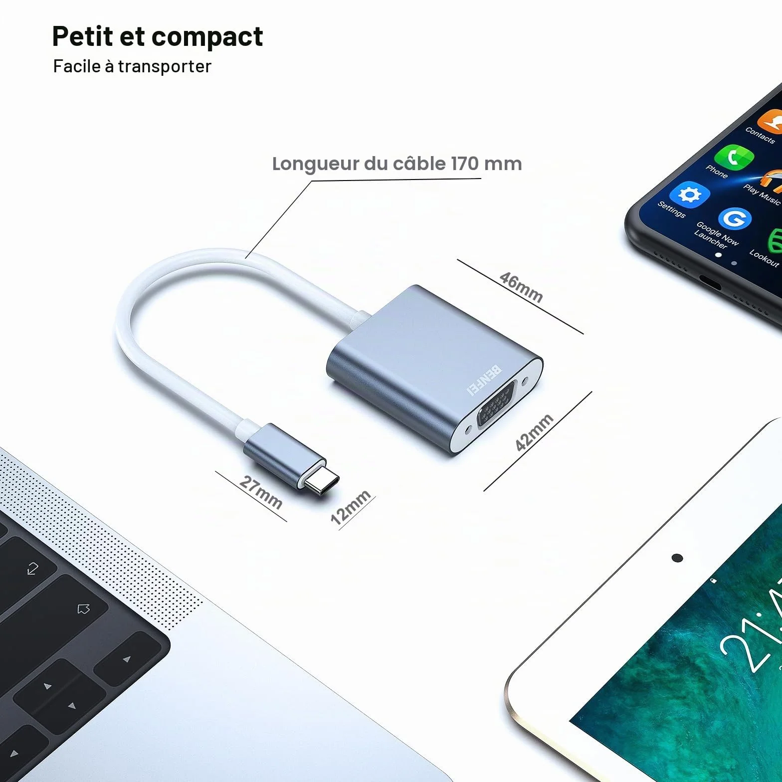 BENFEI Adaptateur USB C vers VGA Thunderbolt 3/4 Compatible MacBook Pro iPhone 15 Aluminium