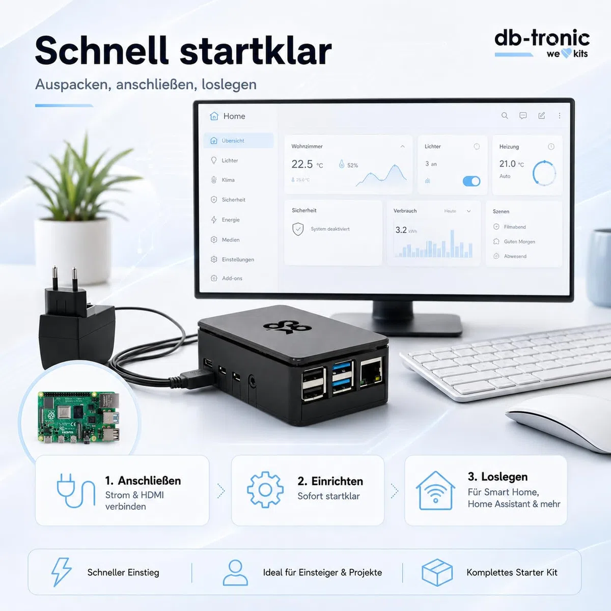 db-tronic OKdo Raspberry Pi 4 Model B Kit de démarrage 4 Go - Bloc d'alimentation 15 W - Boîtier noir - Dissipateur thermique - Idéal pour la maison intelligente, le jeu rétro et l'assistant à