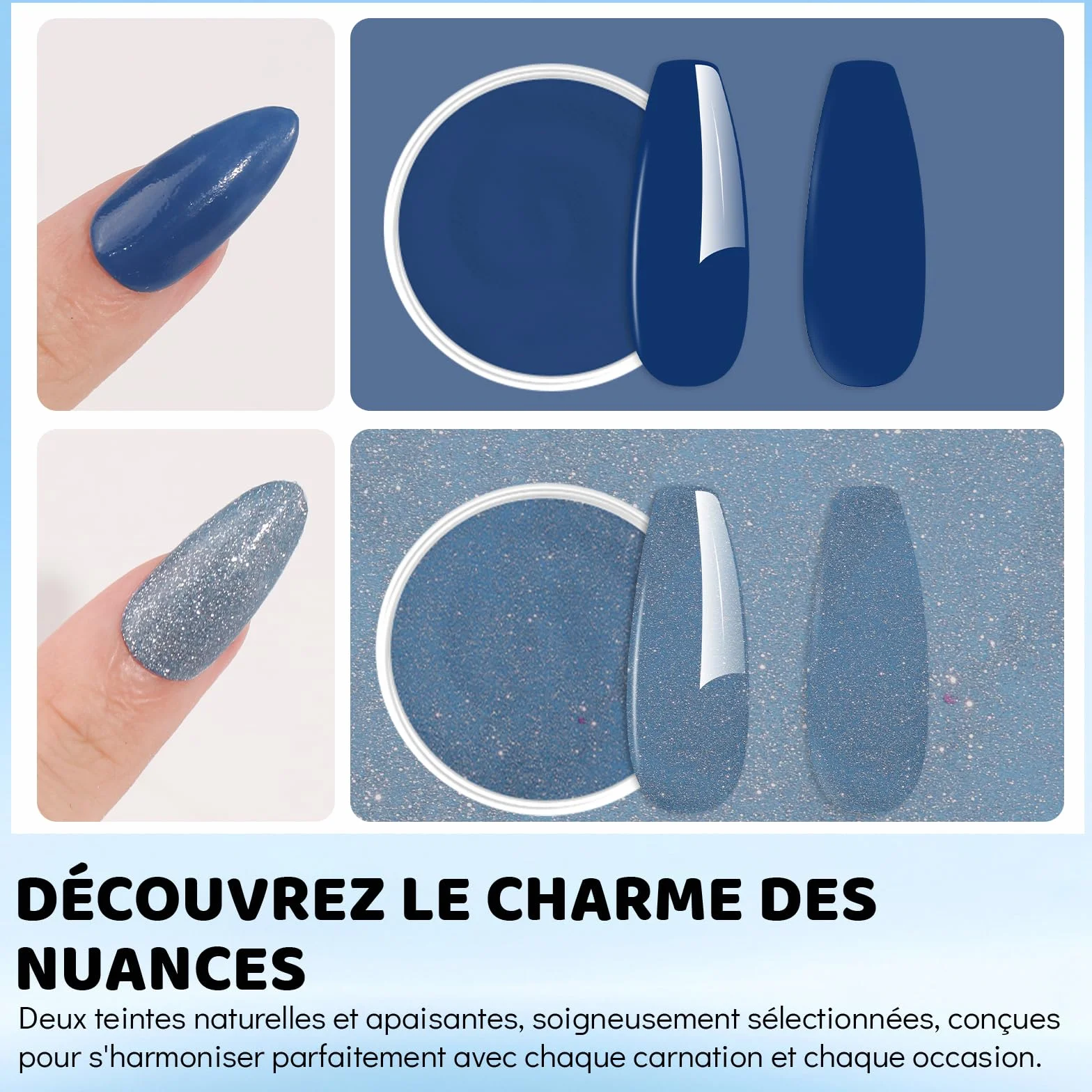 Aokitec Kit de poudre de trempage pour ongles bleue scintillante avec liquide - Nail art acrylique