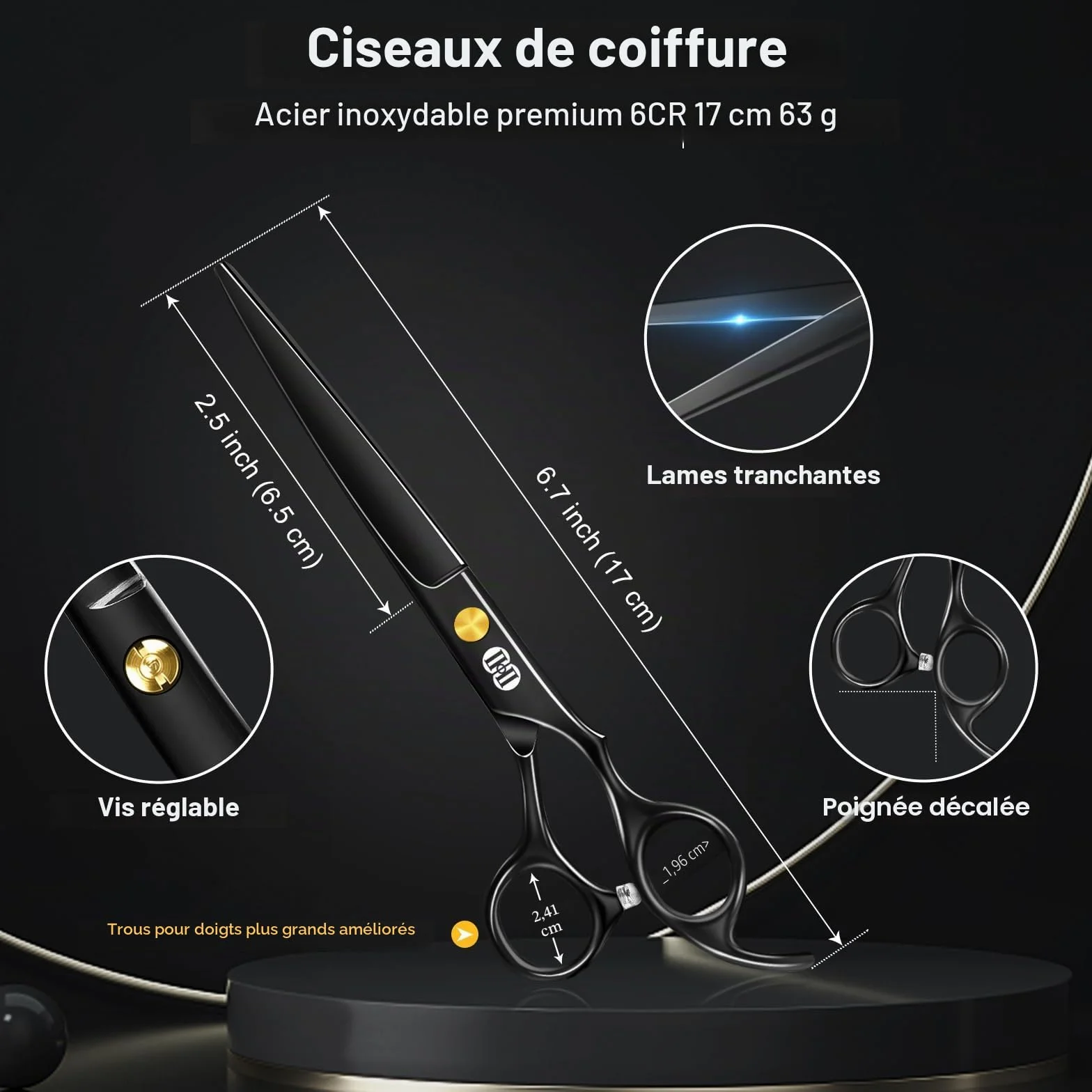 CIICII Ciseaux Coiffure Professionnel 6,7 Pouces Ciseau Cheveux & Ciseaux Desepaississant Cheveux pour Hommes Femmes Salon Noir
