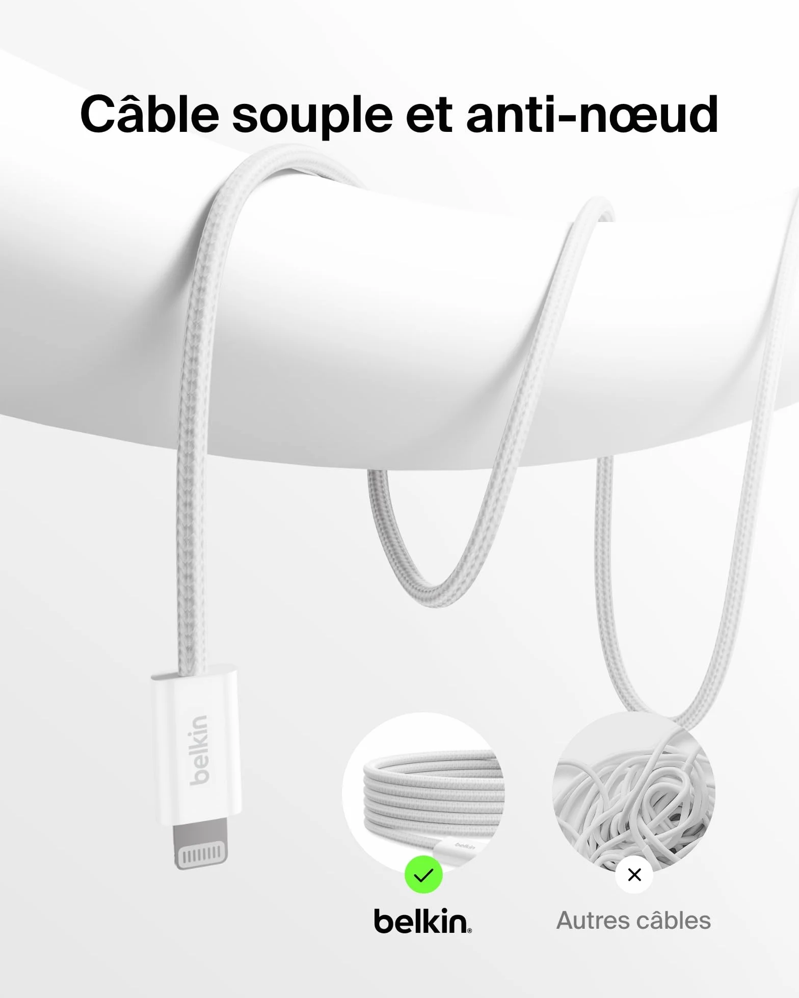 Belkin Pack de 2 Câbles USB-C Lightning 1,5 m Gaine Tressée Recharge Rapide Blanc