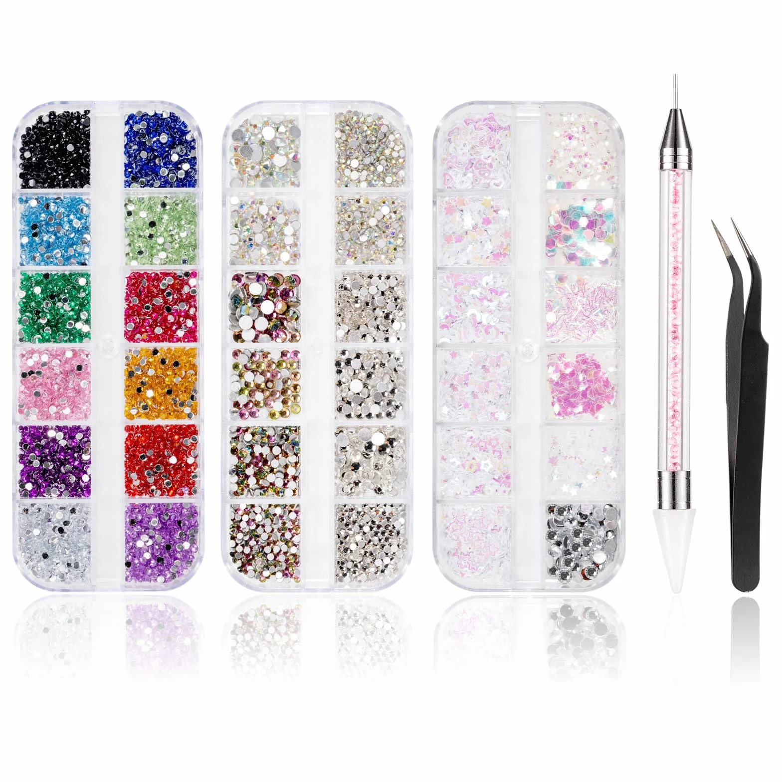 Pierres strass pour ongles lot 5600 36 couleurs avec stylo à cire
