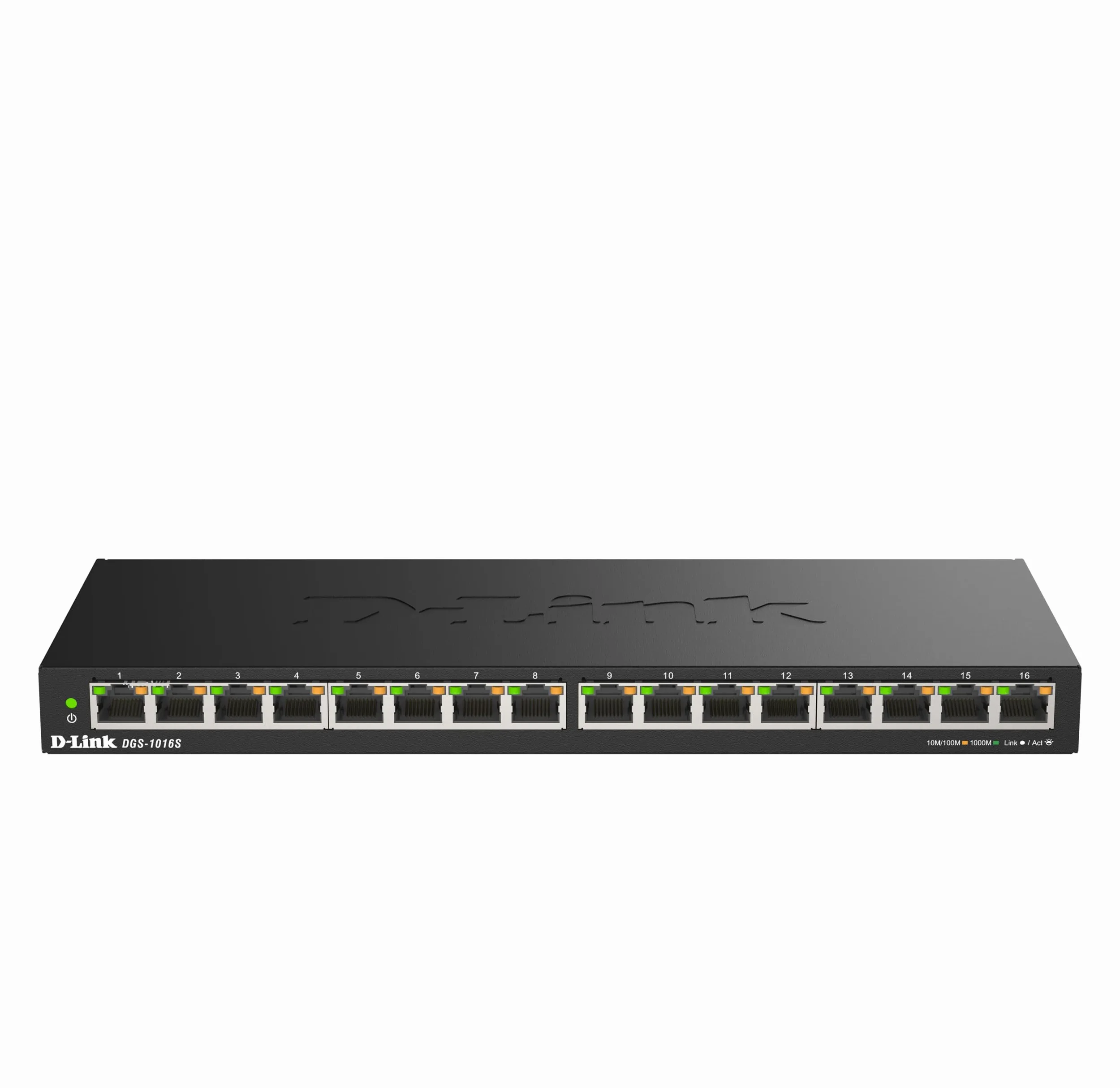 D-Link DGS-1016S Commutateur Gigabit Non géré à 16 Ports, sans Ventilateur, Profil Bas, boîtier en métal, Montage Mural/de Bureau, Plug-and-Play, QoS 802.1p, 802.3az EEE Noir DGS-1016S