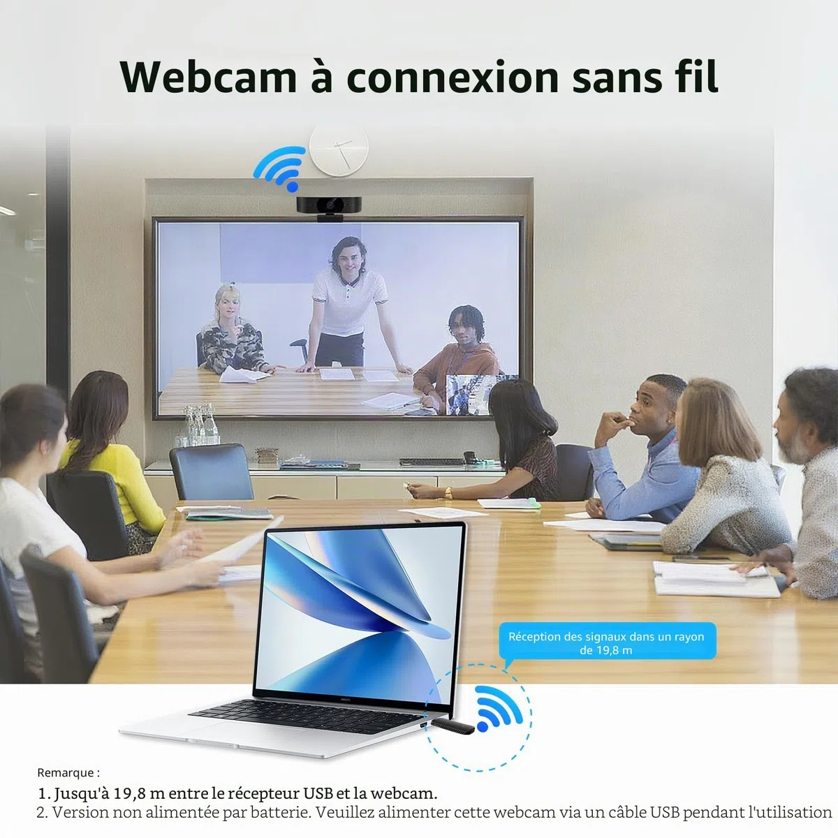 Webcam sans fil 1080p pour PC, webcam avec micro antibruit, alimentation