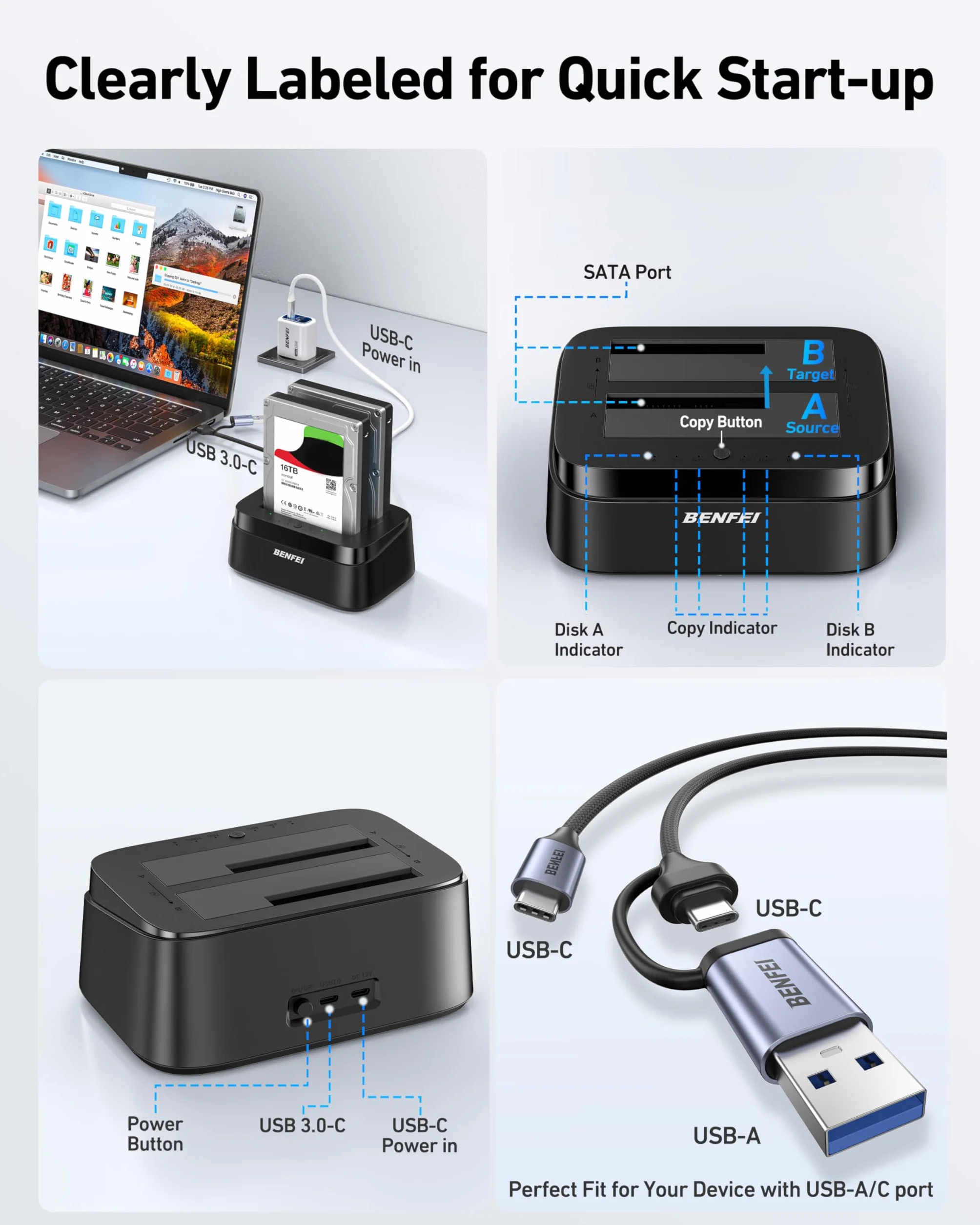 BENFEI Station d'accueil pour Disques Durs avec Clonage Hors Ligne, Dock Double Baie USB-C pour HDD/SSD 2.5/3.5", 5 Gbit/s