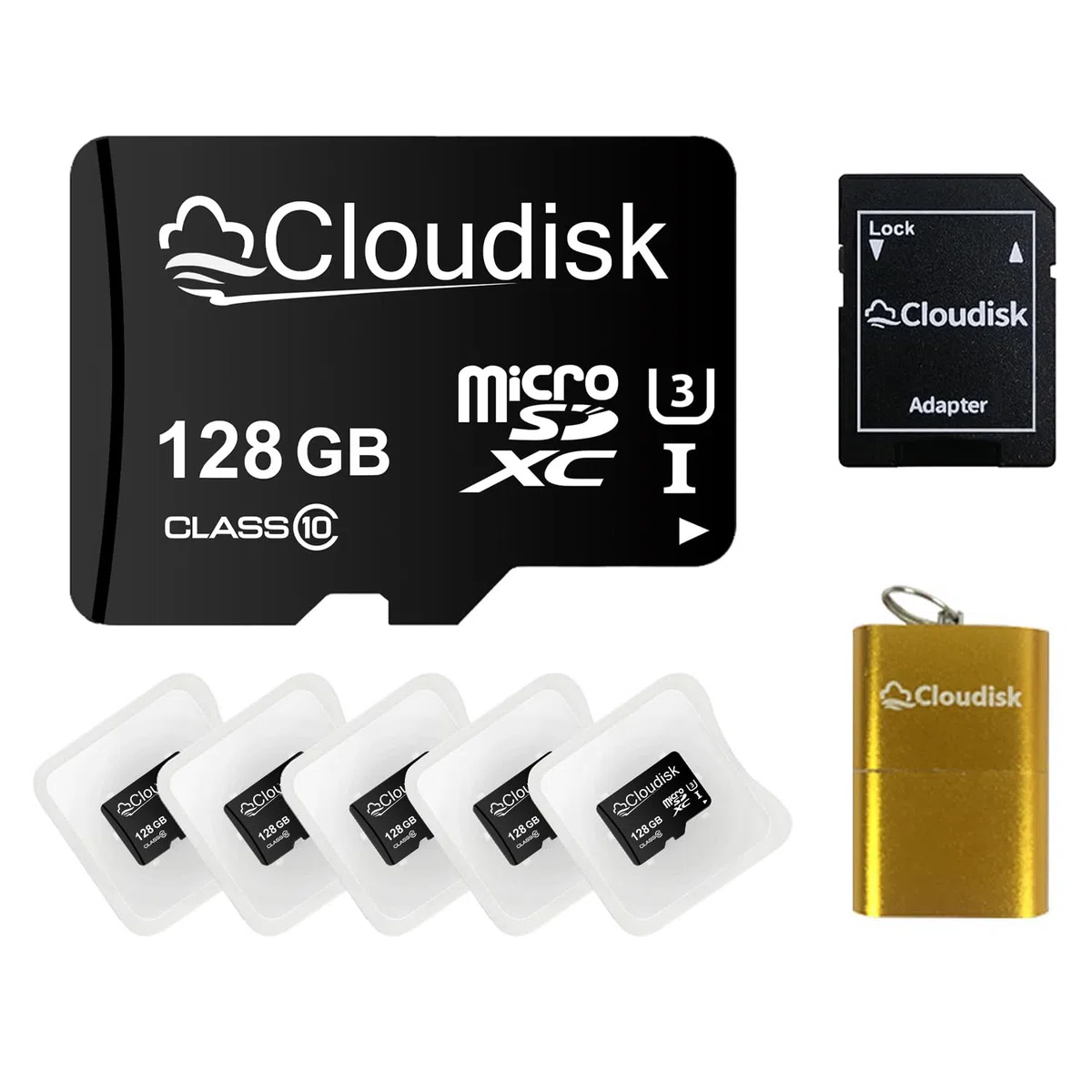 Lot de 5 cartes mémoire Micro SD 128 Go Micro SDXC C10 A2 U3 avec adaptateur SD et lecteur de carte