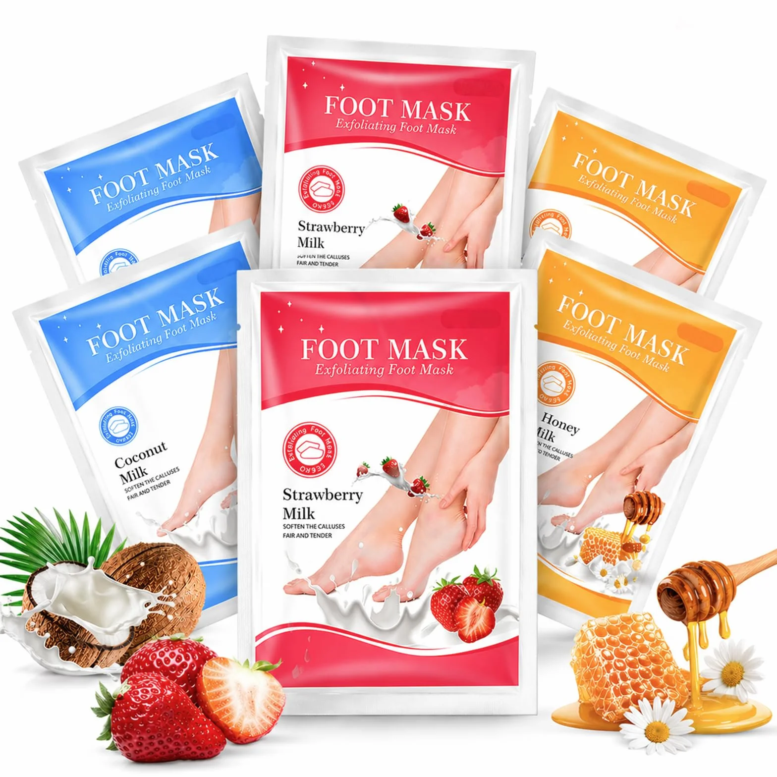 Masque Pied Exfoliant 6 Paires – Chaussettes Exfoliantes Anti-Cornes Coco Fraise Miel Soin des Pieds Doux Talons Secs Crevassés Hydratant