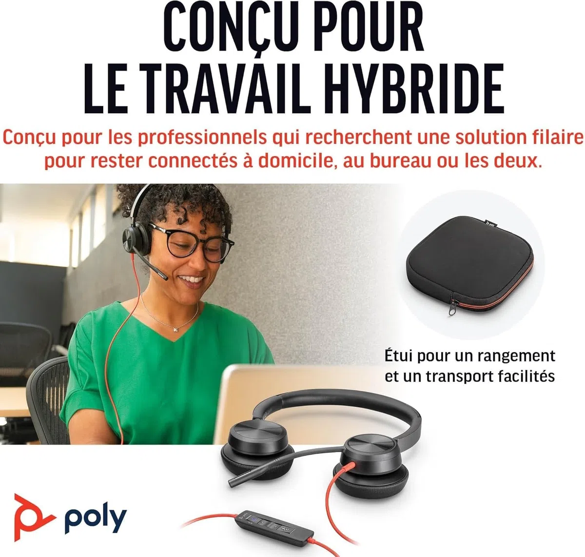 Micro-casque filaire haut de gamme Poly Blackwire 8225 – Annulation active du bruit – Son binaural hi-fi - Connexion à un PC/Mac - Certifié Microsoft Teams