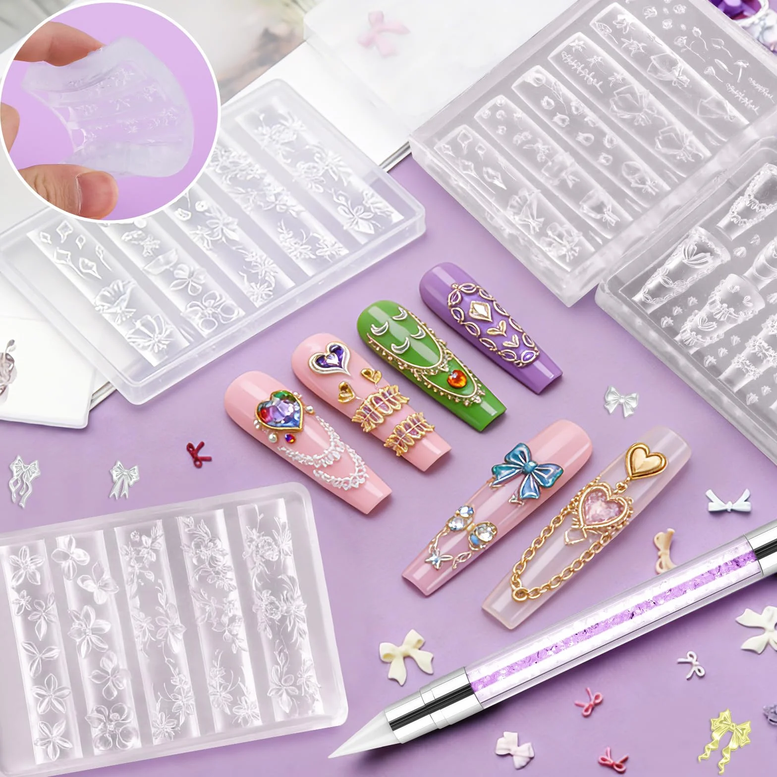 Moules Silicone pour Nail Art 3D Fleurs avec Stylo à Gravure, EBANKU 4PCS