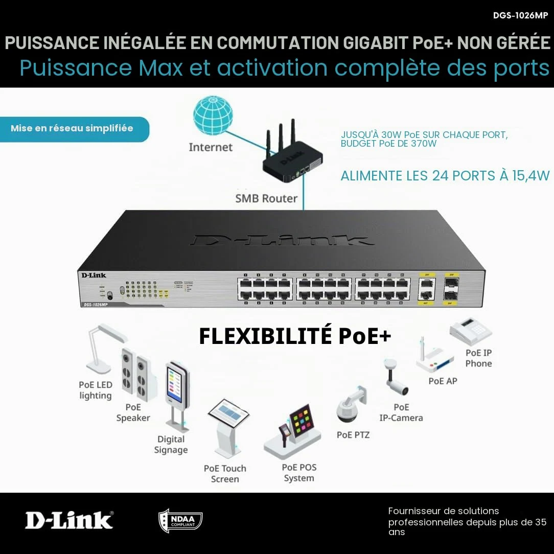 D-Link DGS-1026MP Switch Web Manageable 26 Ports Gigabit POE+ 10/100/1000mbps - Idéal pour Entreprise Administration et Réseaux Gérés