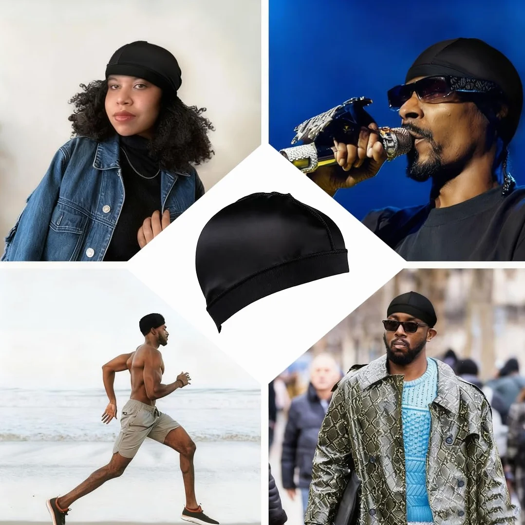 Wave Caps en satin soyeux avec bande élastique, Durag et bonnet pour dormir et douche, satin homme, Tour de tête 52 cm