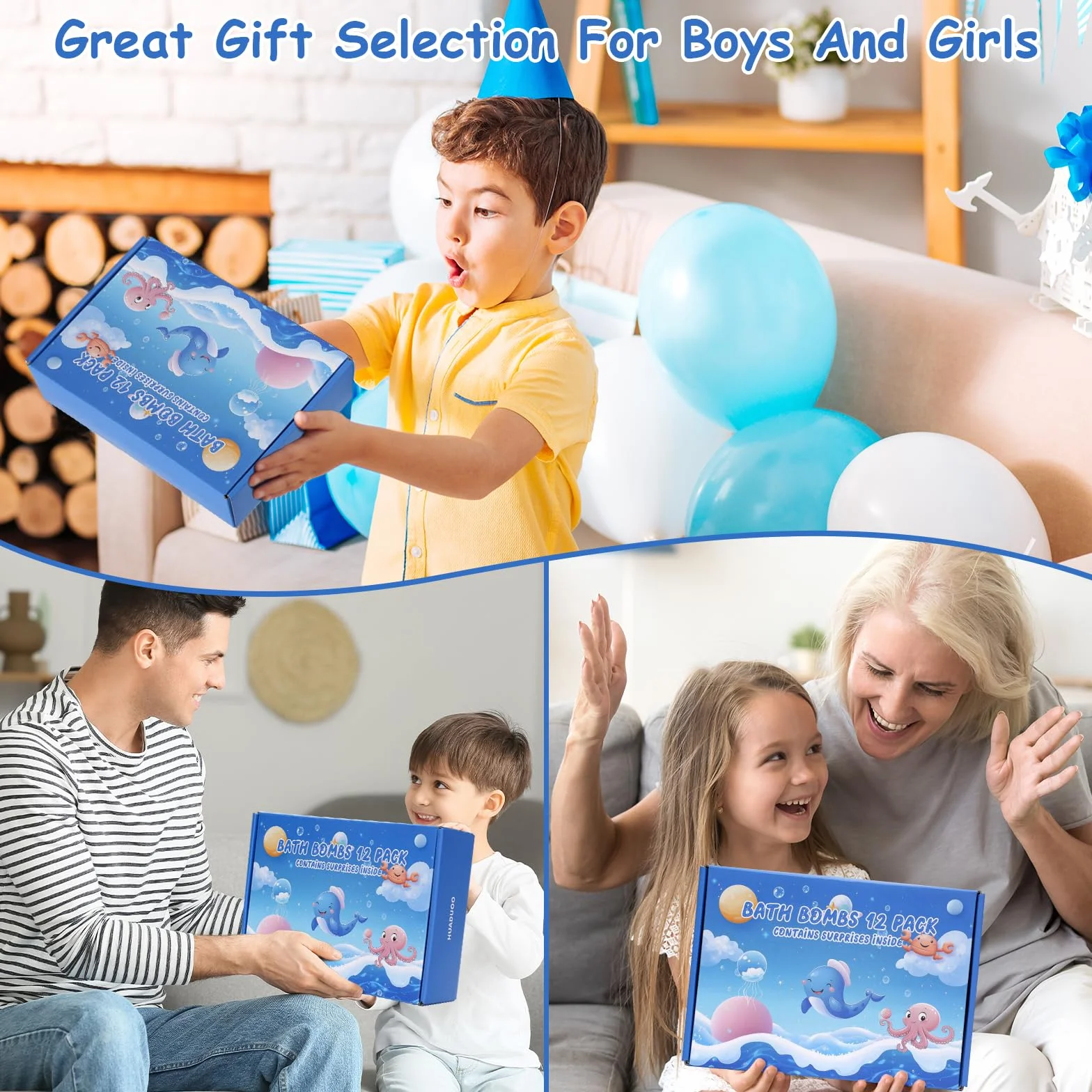 Coffret cadeau de 12 bombes de bain naturelles et biologiques faites à la main pour enfants avec jouet surprise animal marin