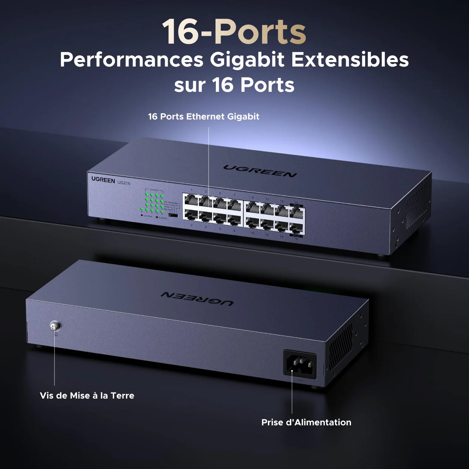 UGREEN Switch Ethernet Gigabit 16 Ports Hub Réseau LAN 1000Mbps | Montage sur Bureau ou Mural Splitter pour Bureau et Maison Multiprise RJ45 Compatible avec PC TV Imprimante Caméra Routeur