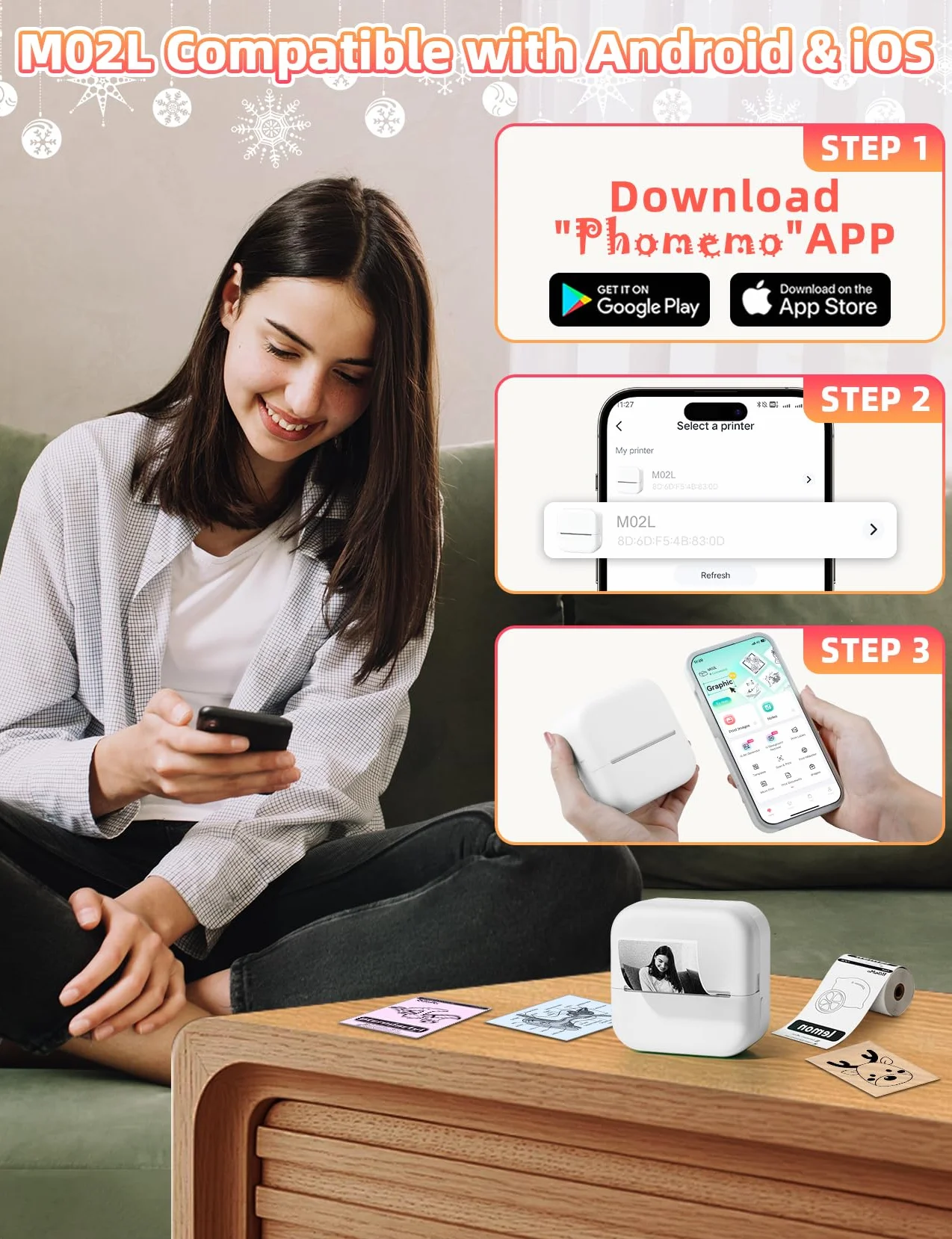 Memoking Mini Imprimante Thermique M02L Bluetooth Portable Stickers Autocollant avec Papier
