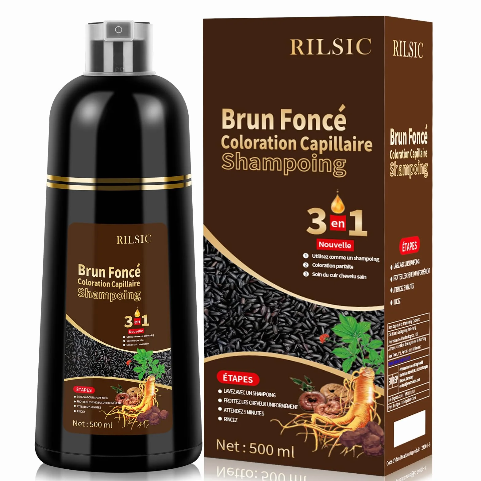 Shampoing Colorant Brun Foncé 3 en 1 pour Cheveux Blancs 500ml