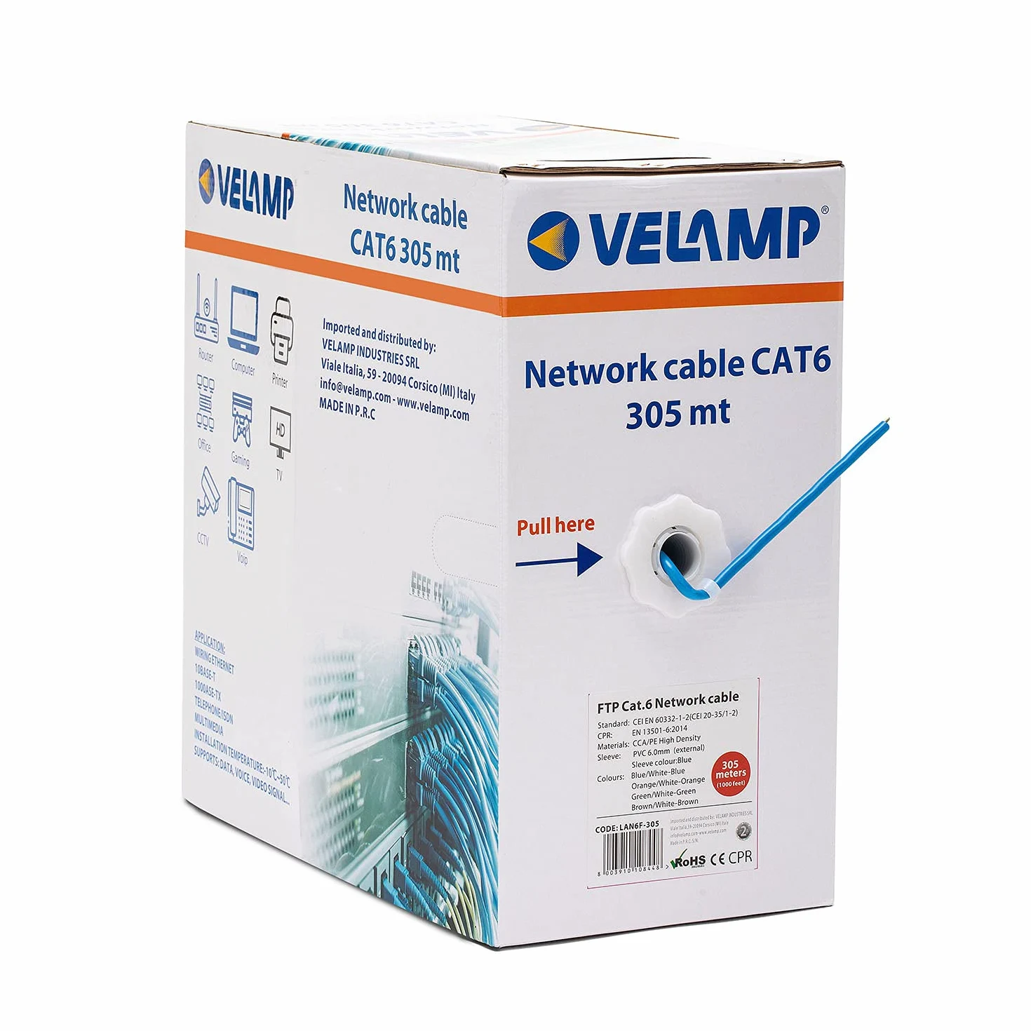 Velamp Câble Ethernet 305m, Câble Reseau LAN, Câble Ethernet Cat6 Haut Debit Pour Internet Rapide, Câble en Vrac FTP CCA, Certifié CPR (Eca)