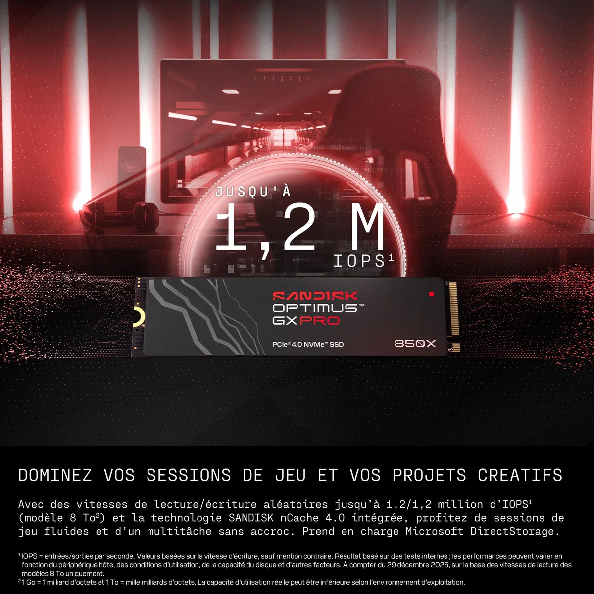 SANDISK Optimus GX Pro 850X NVMe SSD 1 to (Jusqu’à 7 300/6 300 Mo/s Vitesses de Lecture/écriture séquentielles, M.2 2280, PCIe 4.0) Extension de Stockage pour Le Jeu